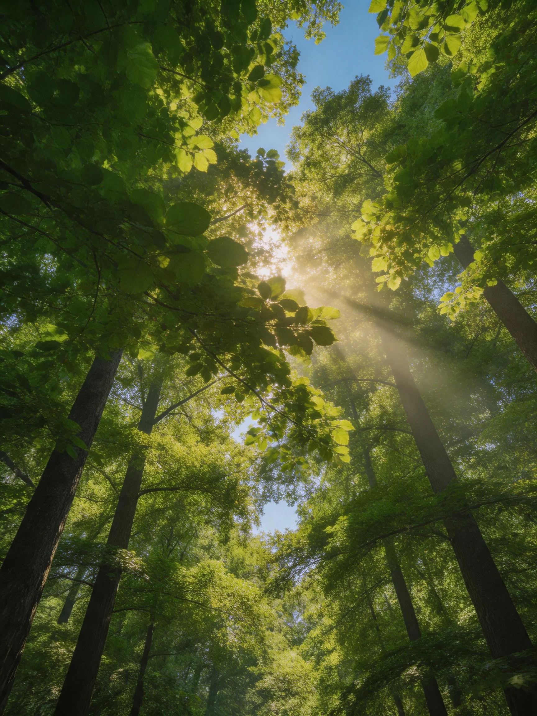 Sunbeams filter through tall forest trees with lush green canopies