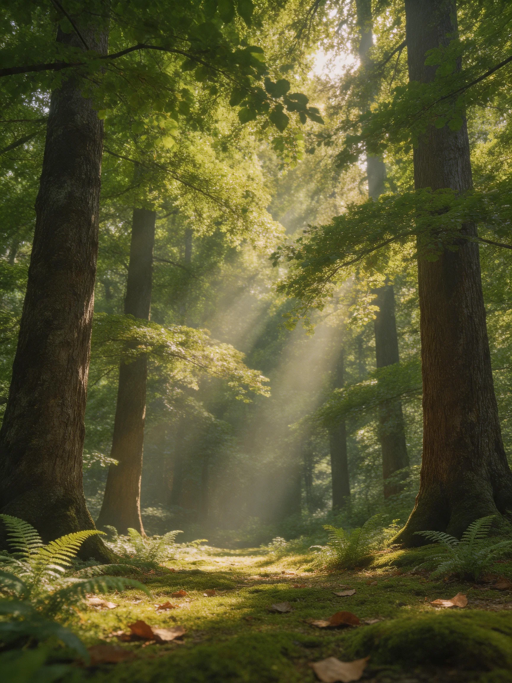 Sunbeams filter through tall green trees in a misty forest clearing
