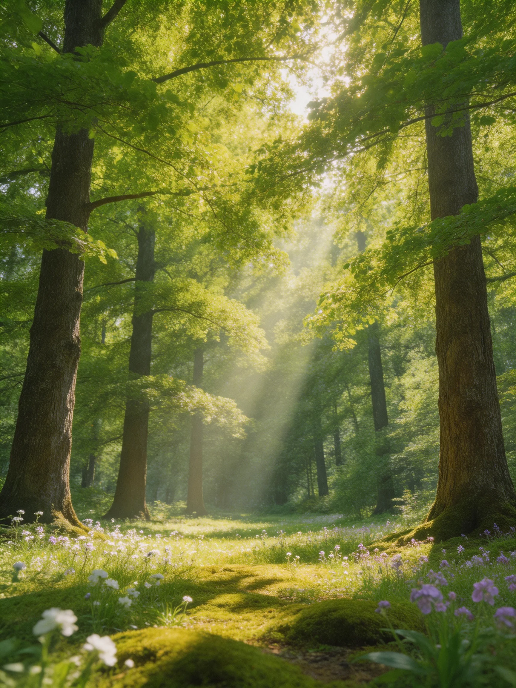 Sunbeams filter through tall green trees in a mossy forest clearing
