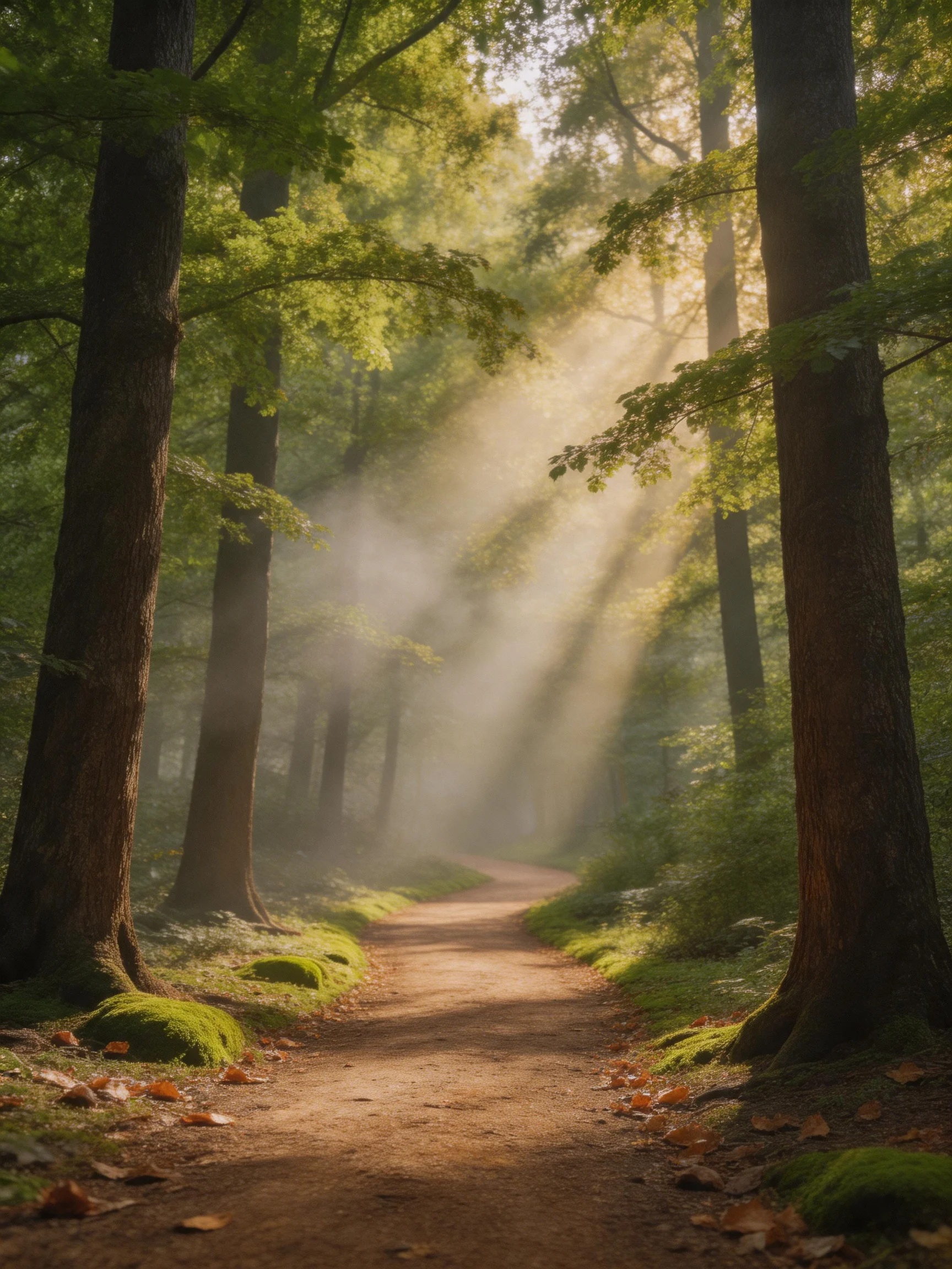 Sunbeams filter through tall trees along a misty forest path