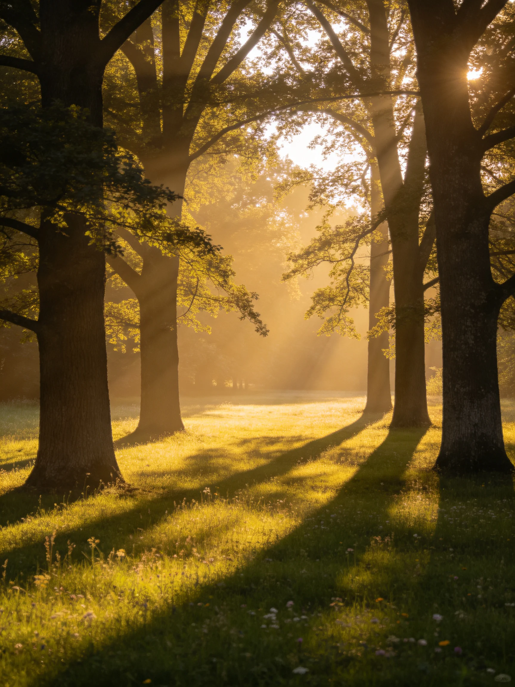 Sunbeams filter through tall trees in a misty forest glade