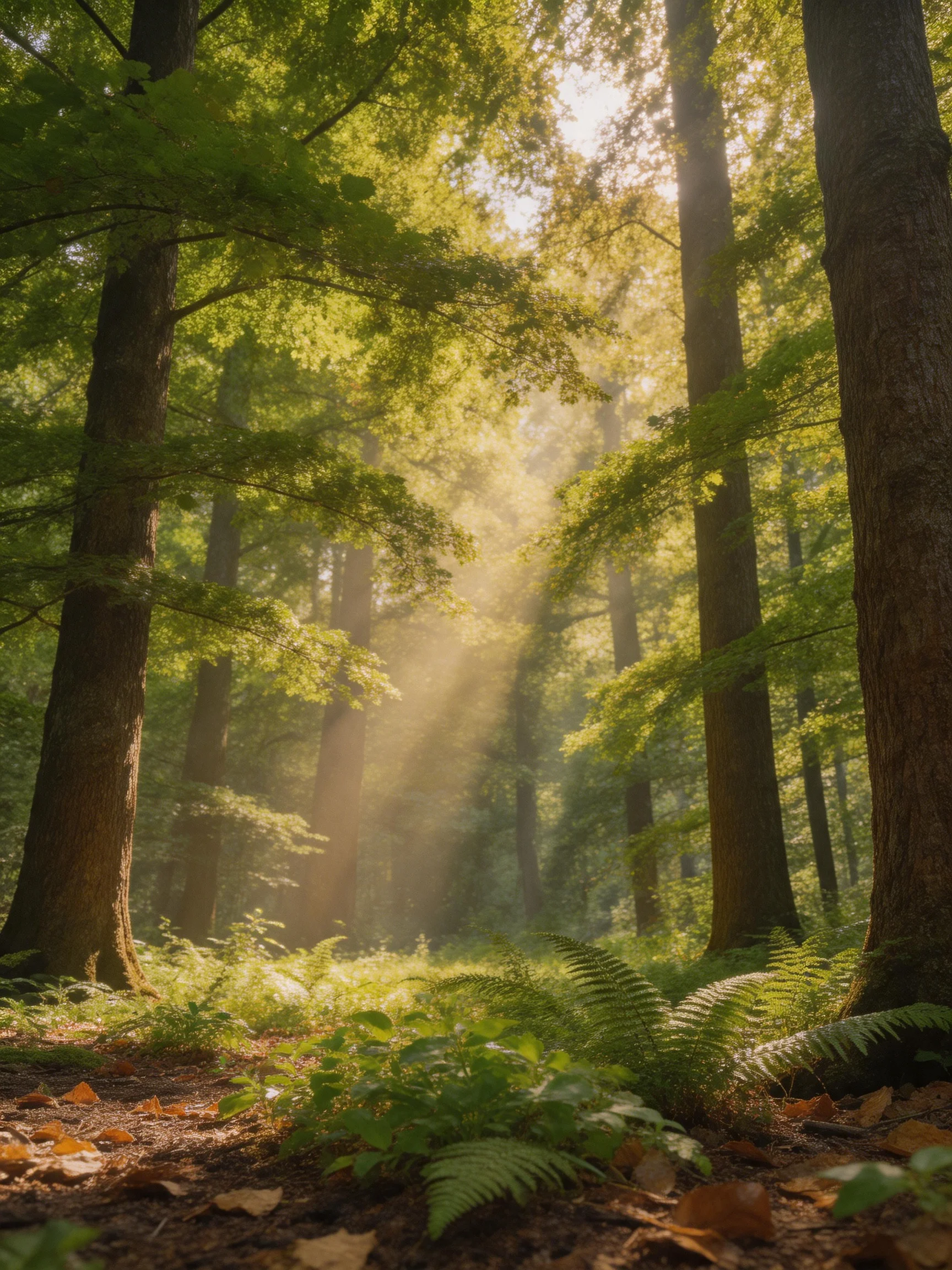 Sunbeams filter through tall trees in a verdant forest glade