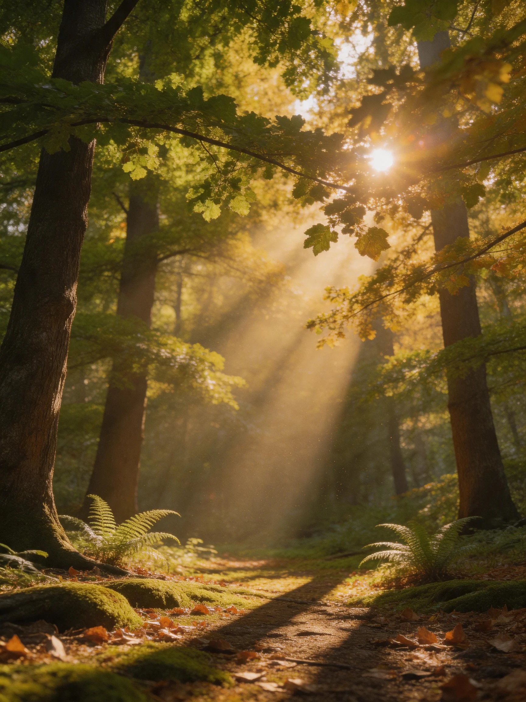 Sunbeams filter through towering trees along a moss-covered forest trail