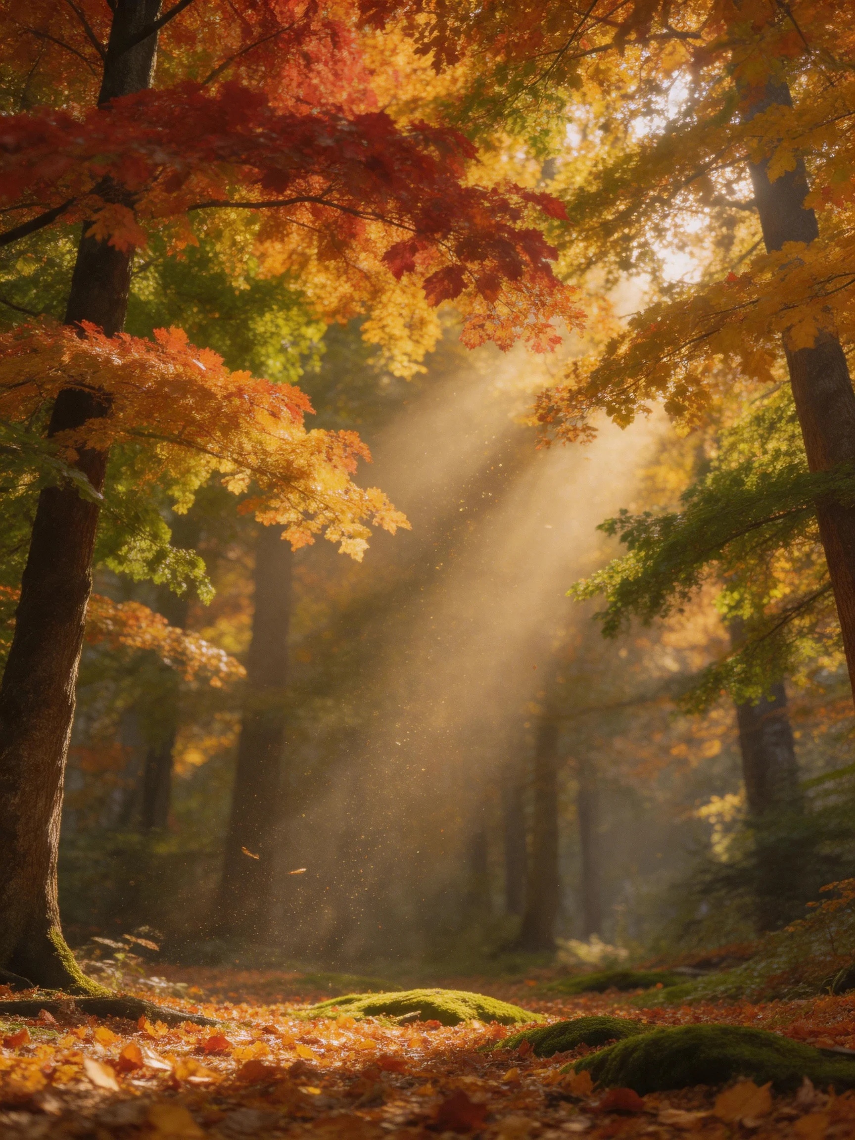 Sunbeams filter through vibrant fall foliage in a misty forest