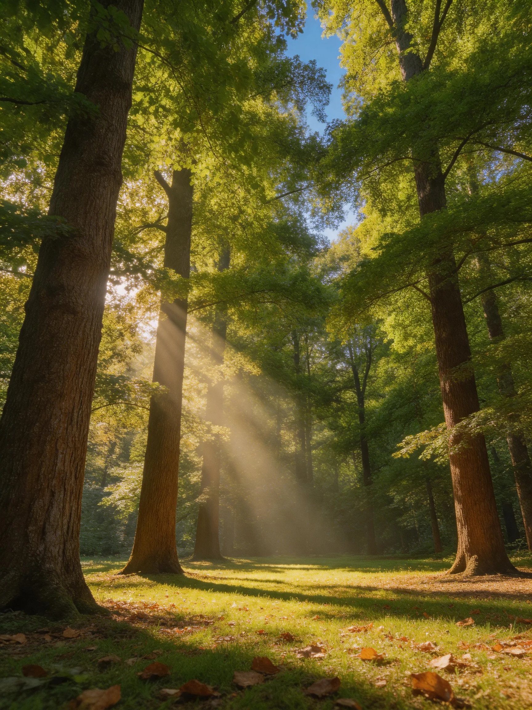Sunbeams filtering through tall trees in a lush forest clearing