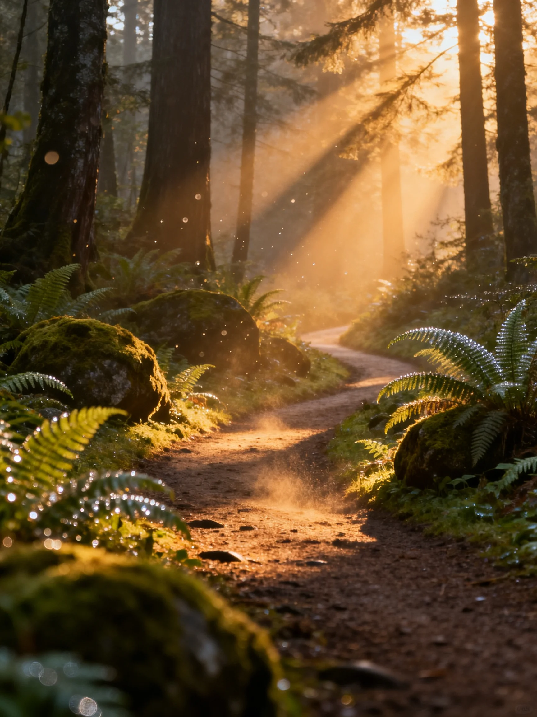 Sunbeams illuminate a misty forest trail with ferns and moss-covered rocks