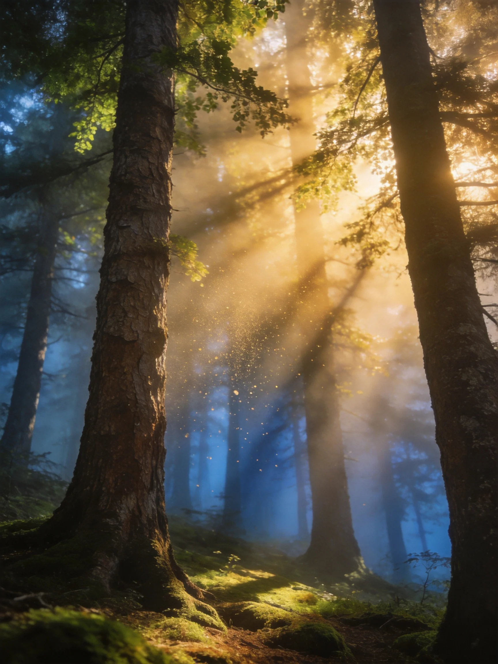 Sunbeams illuminate a misty forest with towering trees and mossy ground