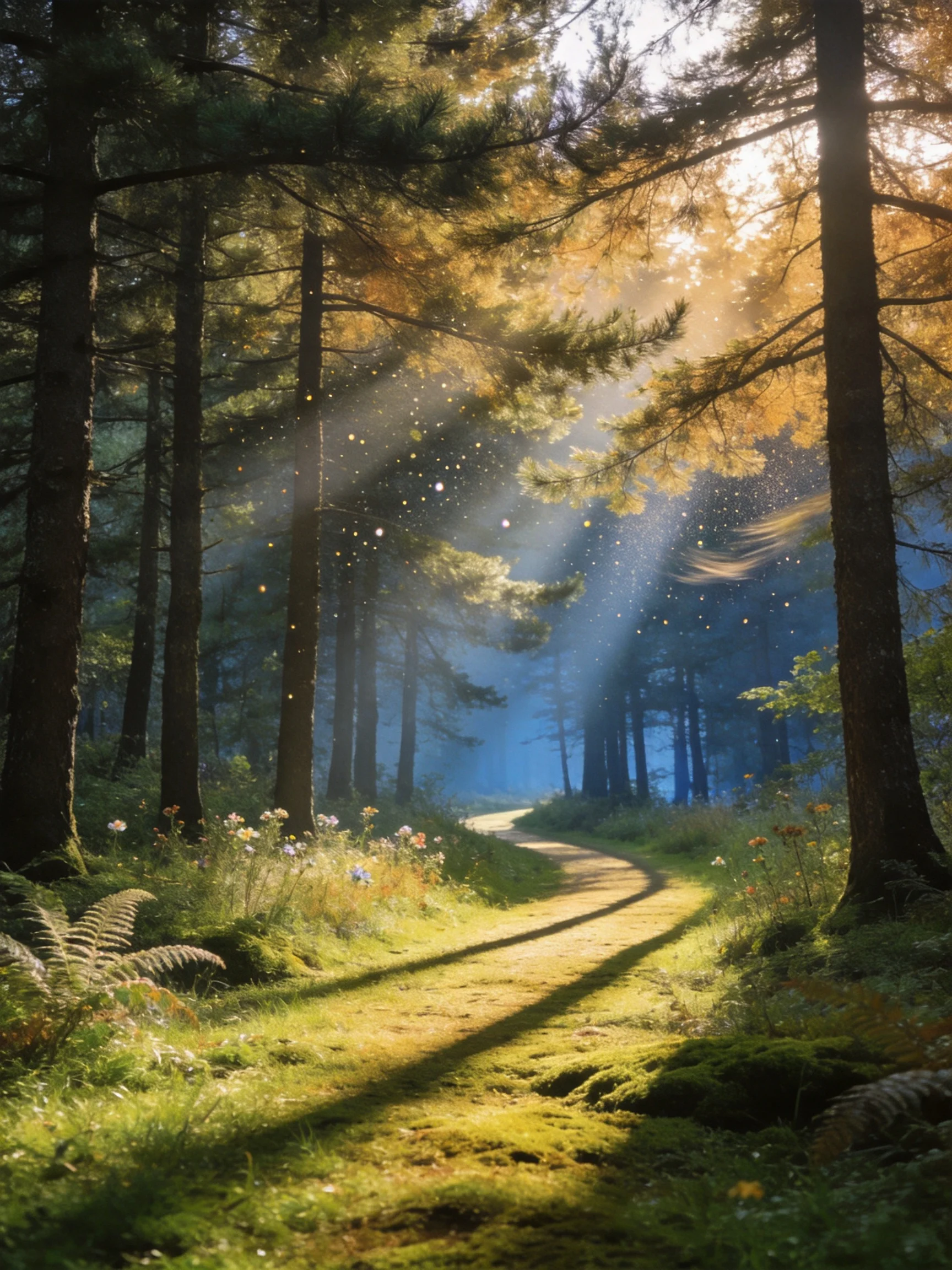Sunbeams illuminate a moss-covered forest path amid towering pine trees