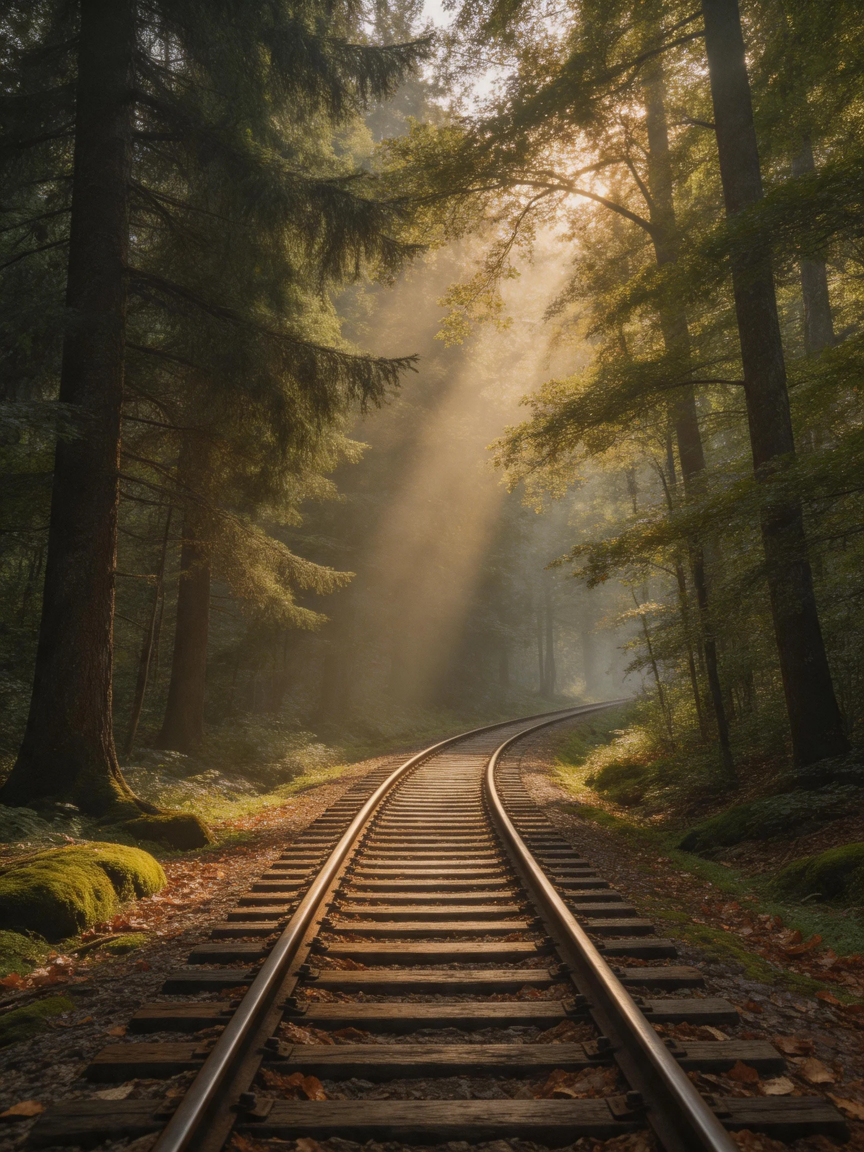 Sunbeams illuminate an old railway track winding through dense green forest