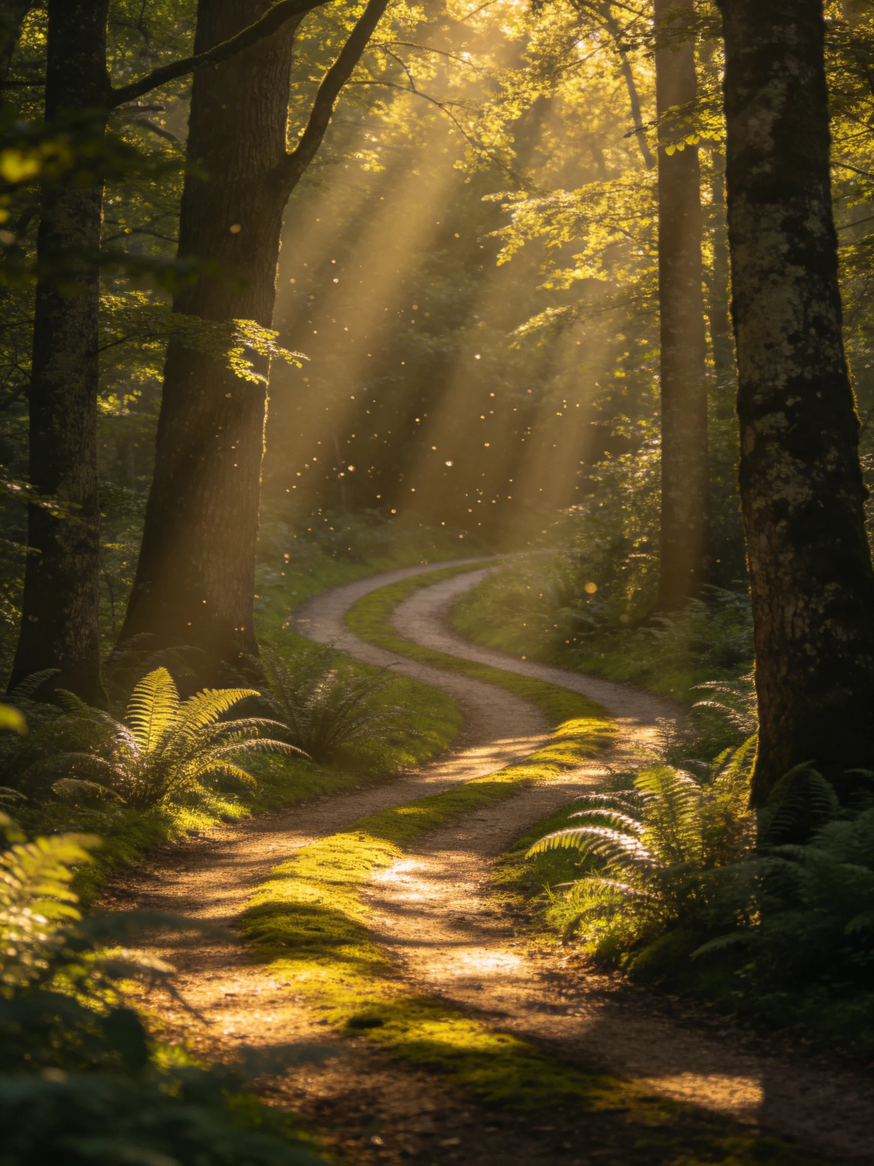 Sunbeams stream through ancient trees along a winding forest path