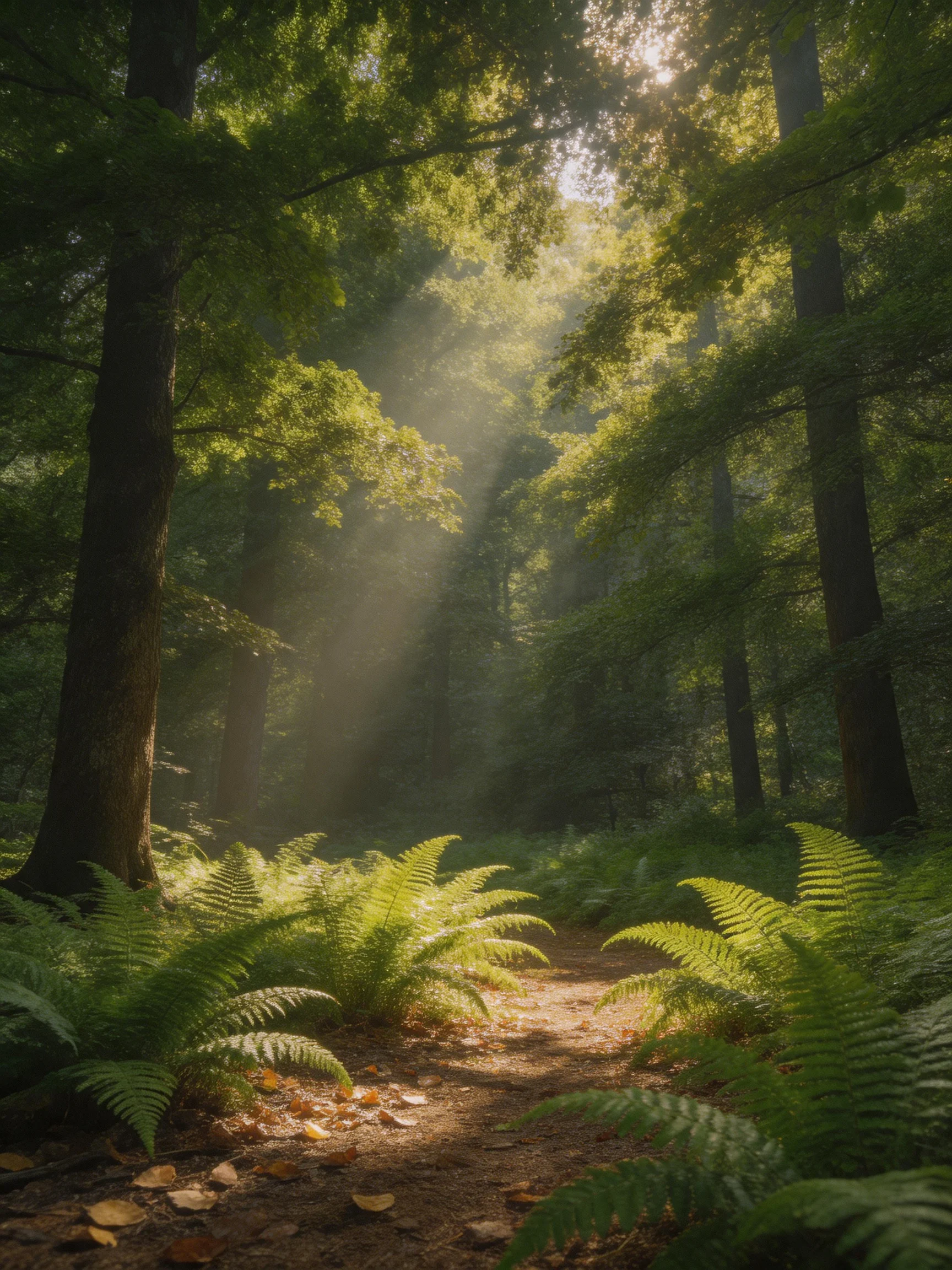 Sunbeams stream through tall trees over a fern-lined forest path