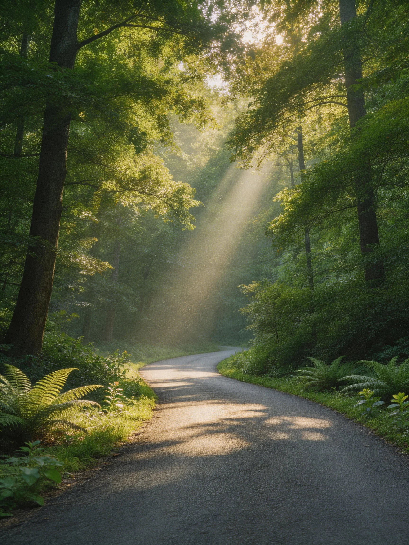 Sunlight Beams Filter Through Lush Green Forest Along Curved Path