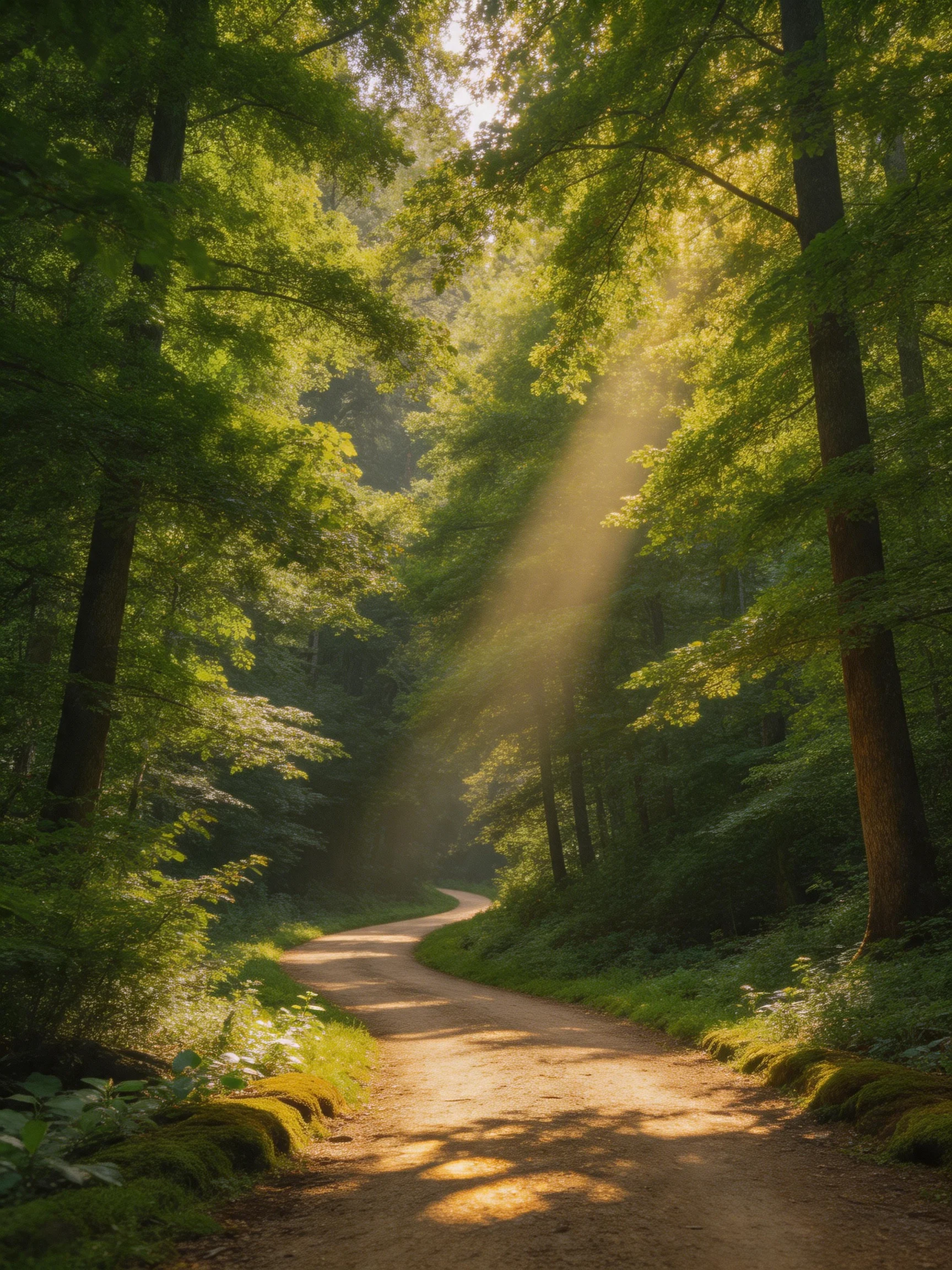 Sunlight Beams Through Dense Green Forest Along Dirt Path