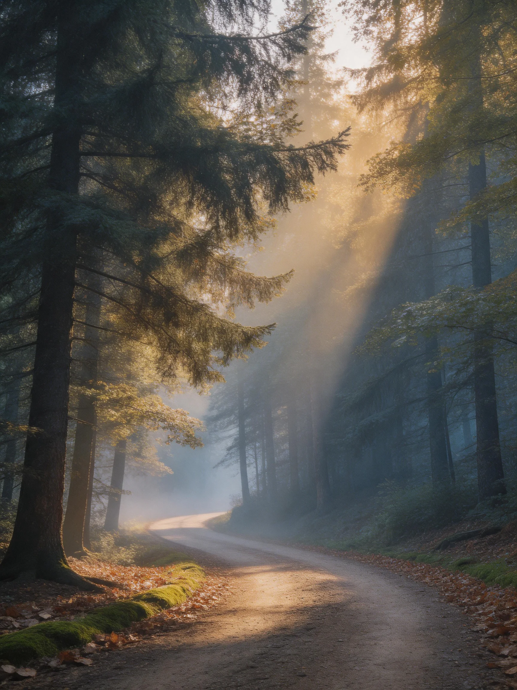 Sunlight Beams Through Misty Forest Along Dirt Path