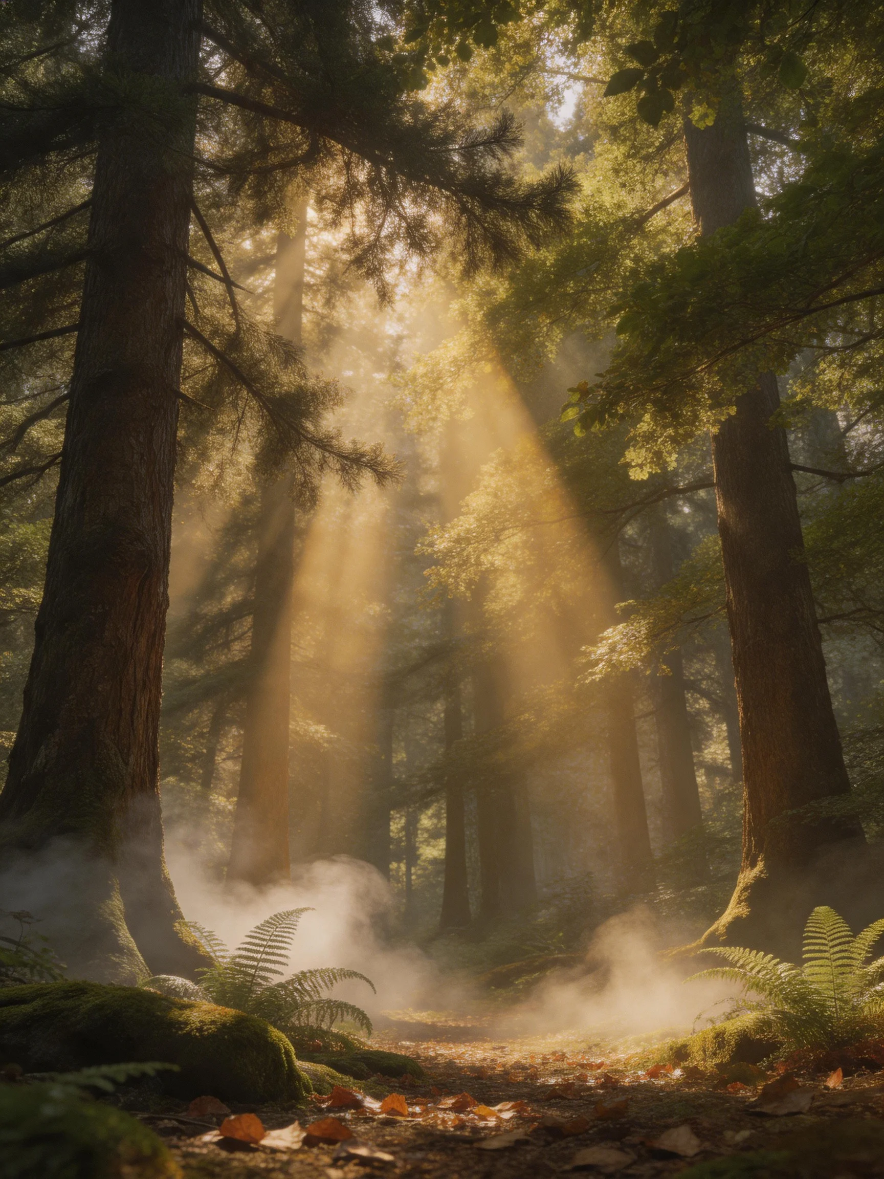 Sunlight Beams Through Misty Forest With Tall Trees and Ferns
