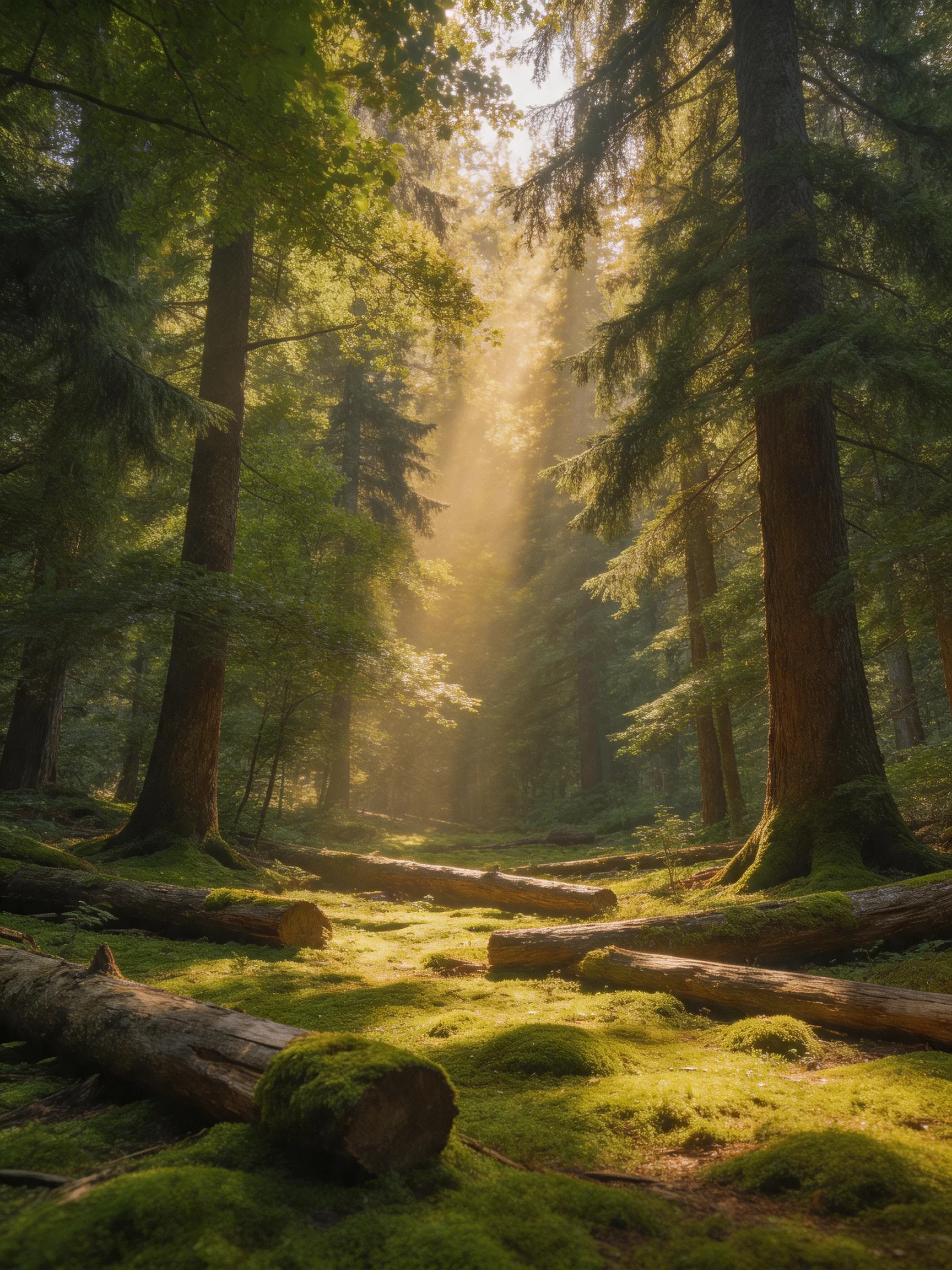 Sunlight Filters Through Ancient Moss-Covered Trees in Dense Forest