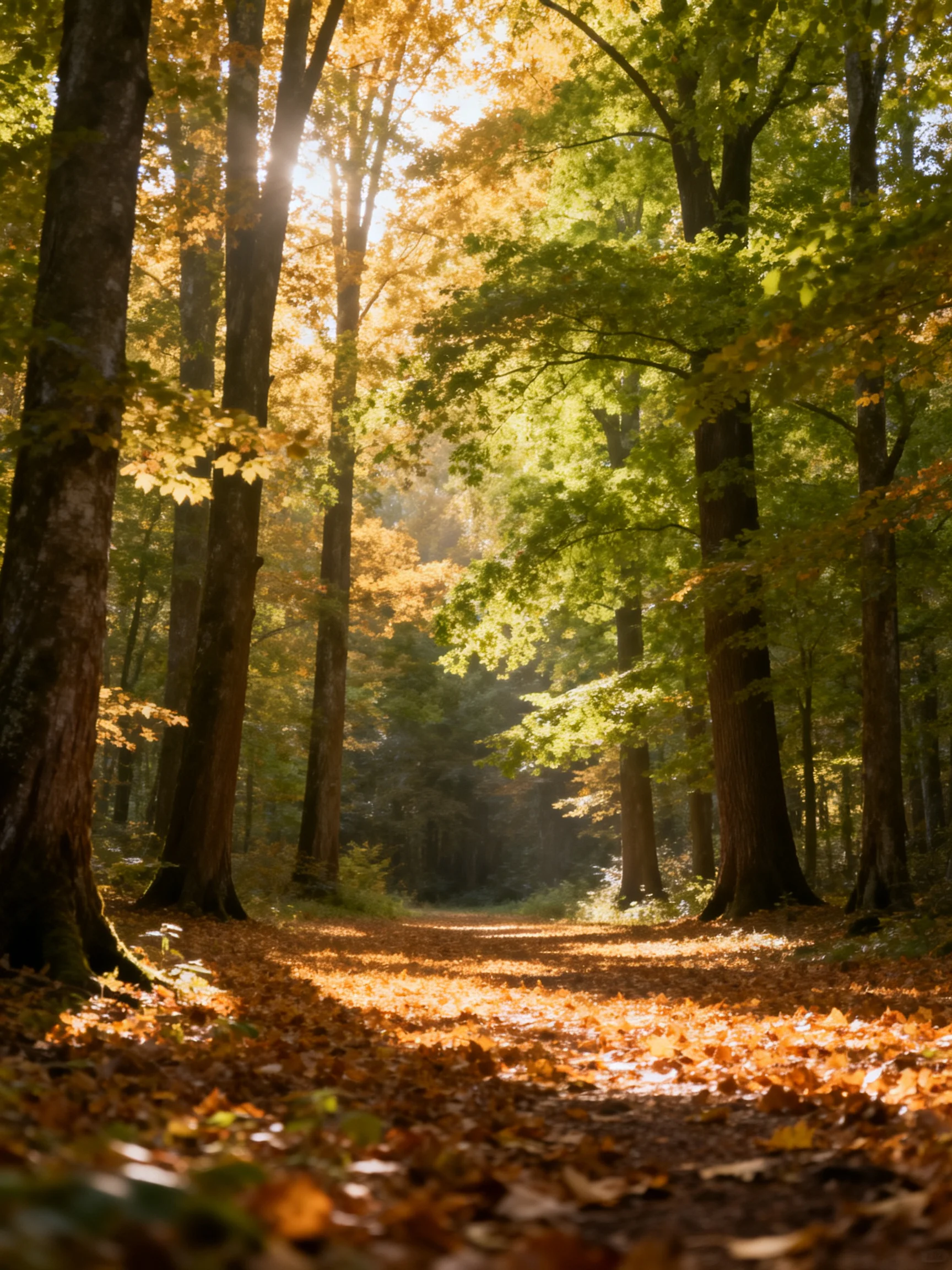 Sunlight Filters Through Autumn Trees Along a Leaf-Covered Pathway