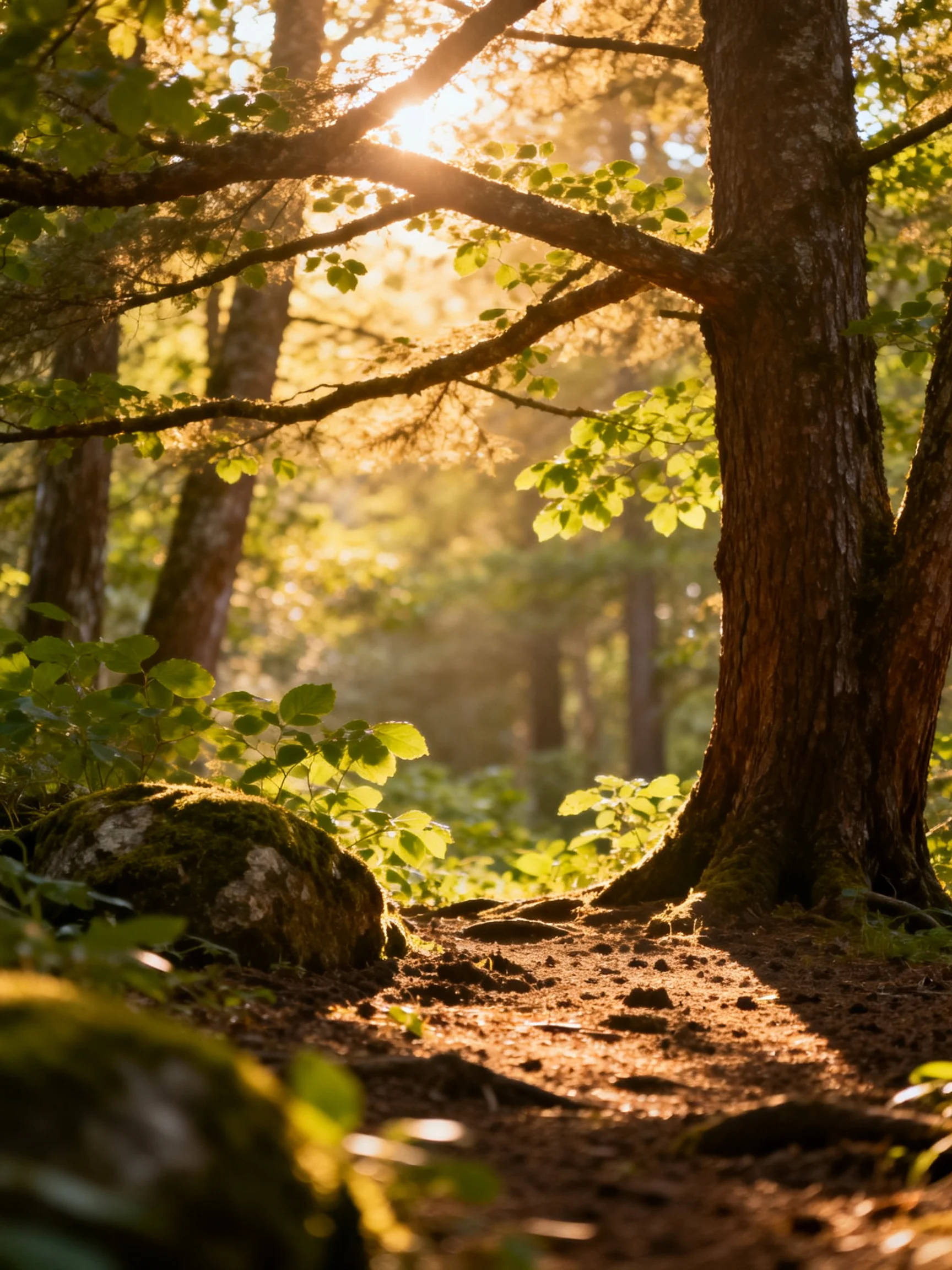 Sunlight Filters Through Dense Forest Trees With Moss-Covered Rock
