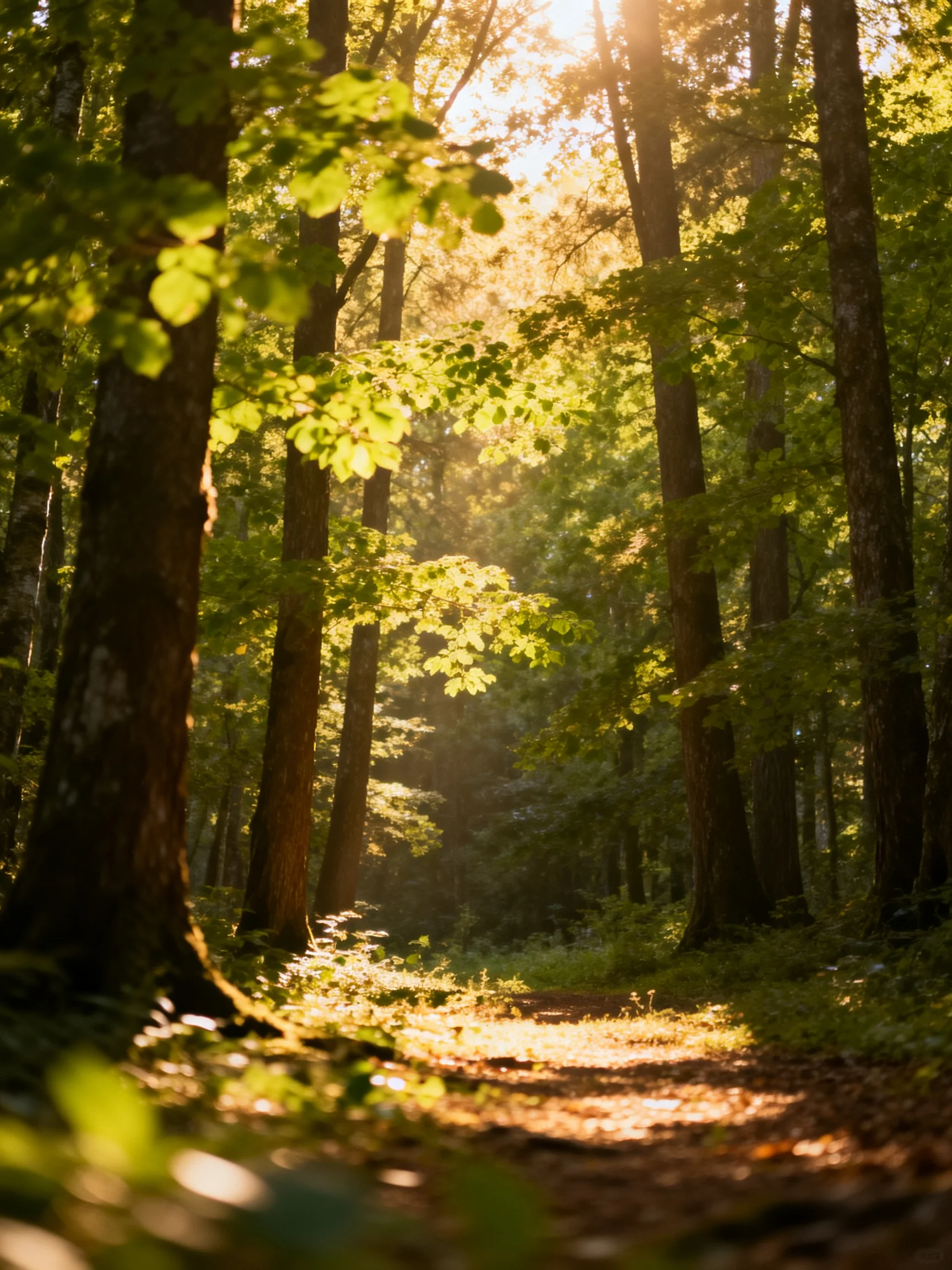 Sunlight Filters Through Dense Green Forest Trees Along a Dappled Path
