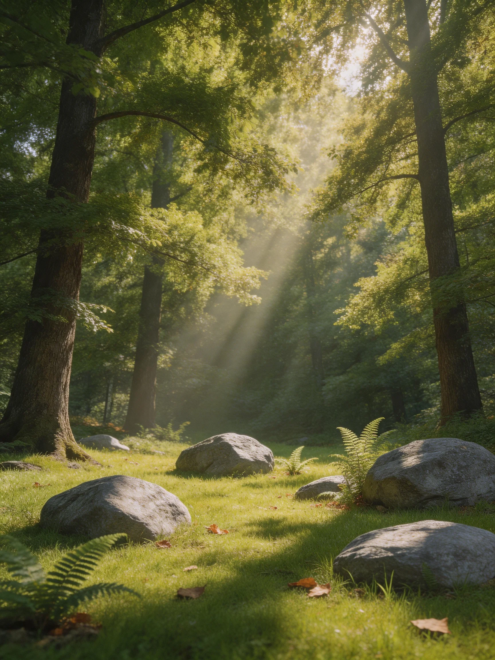 Sunlight Filters Through Dense Green Forest With Large Gray Rocks
