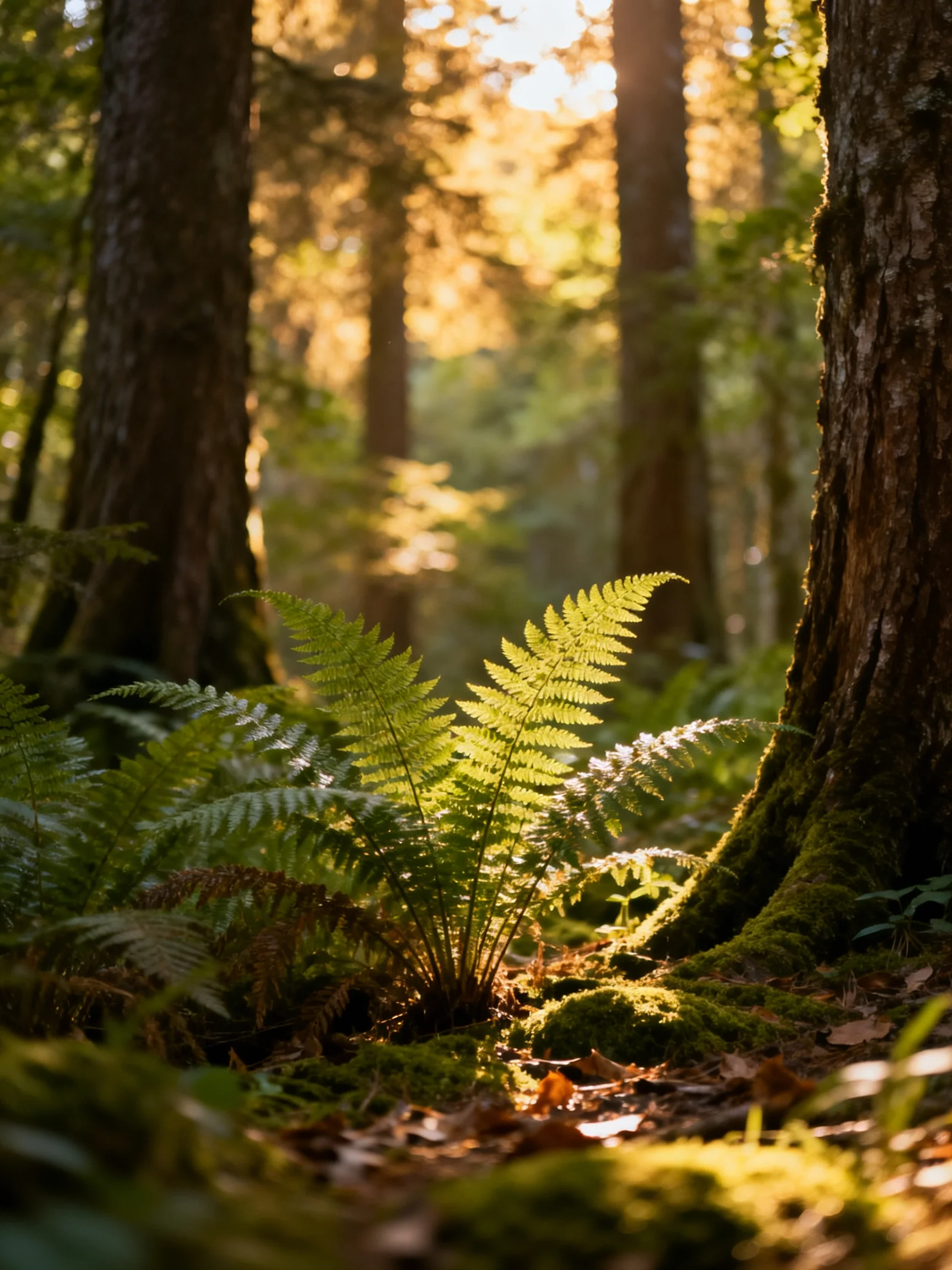 Sunlight Filters Through Ferns and Moss-Covered Trees in a Dense Forest