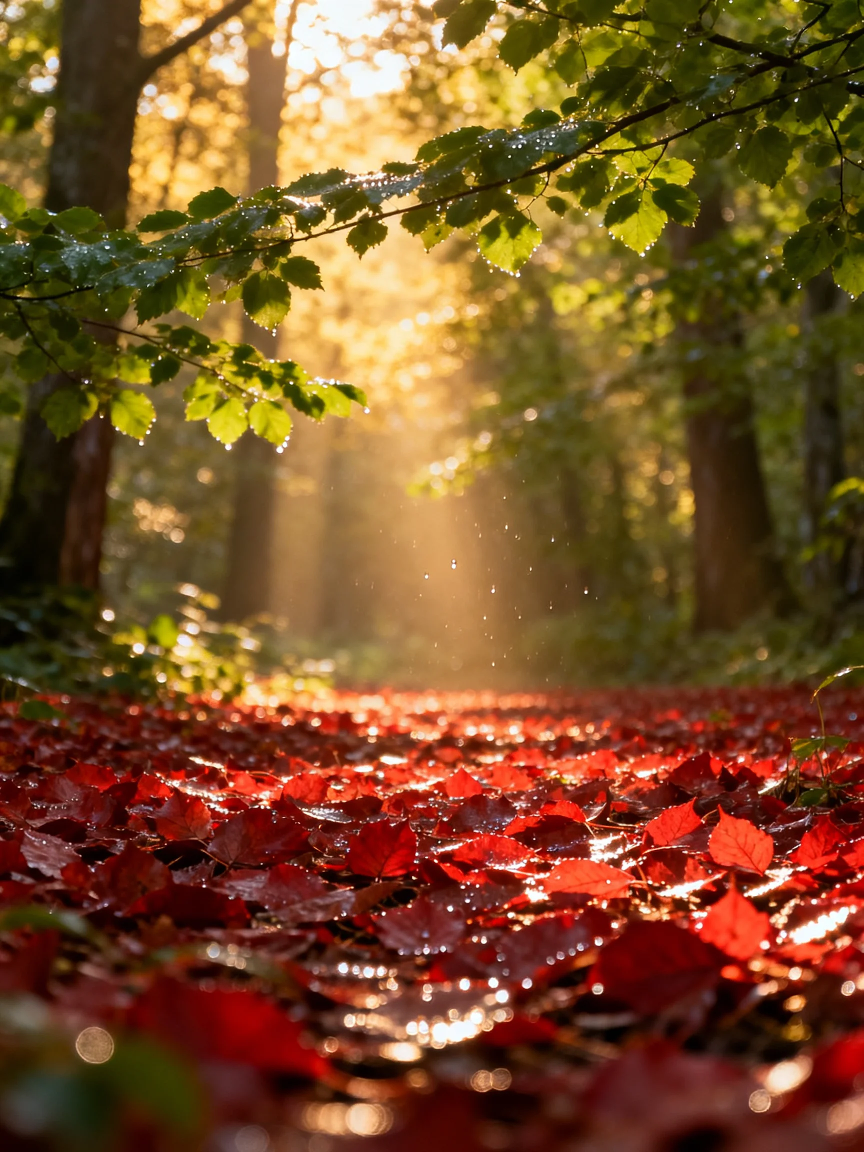 Sunlight Filters Through Forest With Red Fallen Leaves