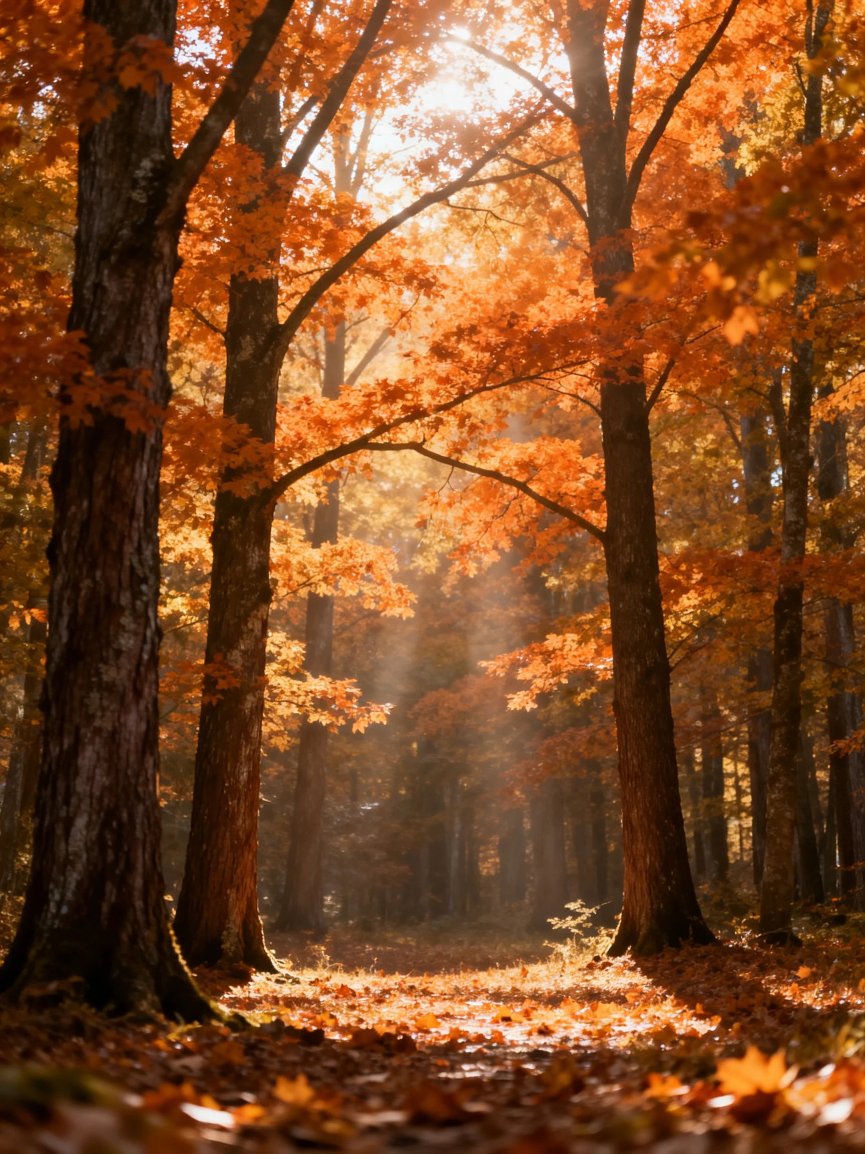 Sunlight Filters Through Golden Autumn Foliage in Dense Forest