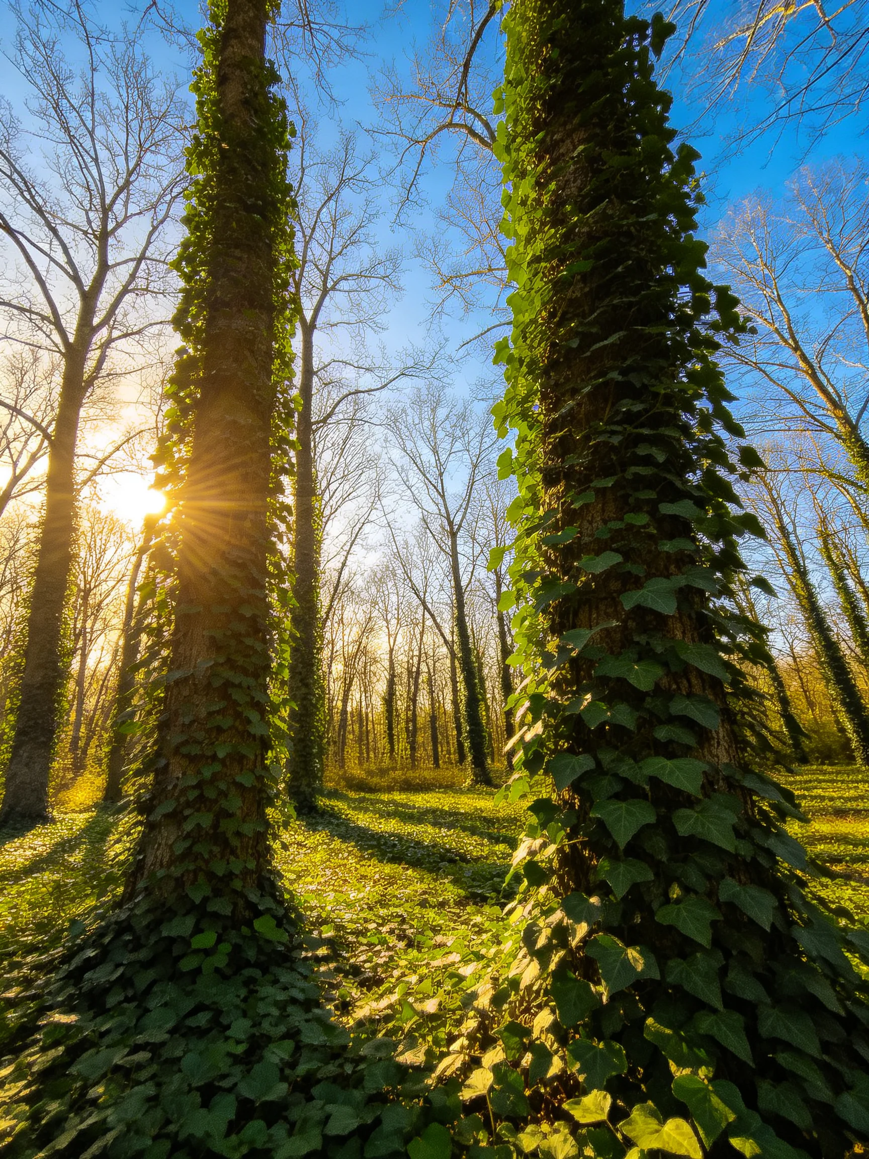 Sunlight Filters Through Ivy-Covered Trees in a Lush Forest