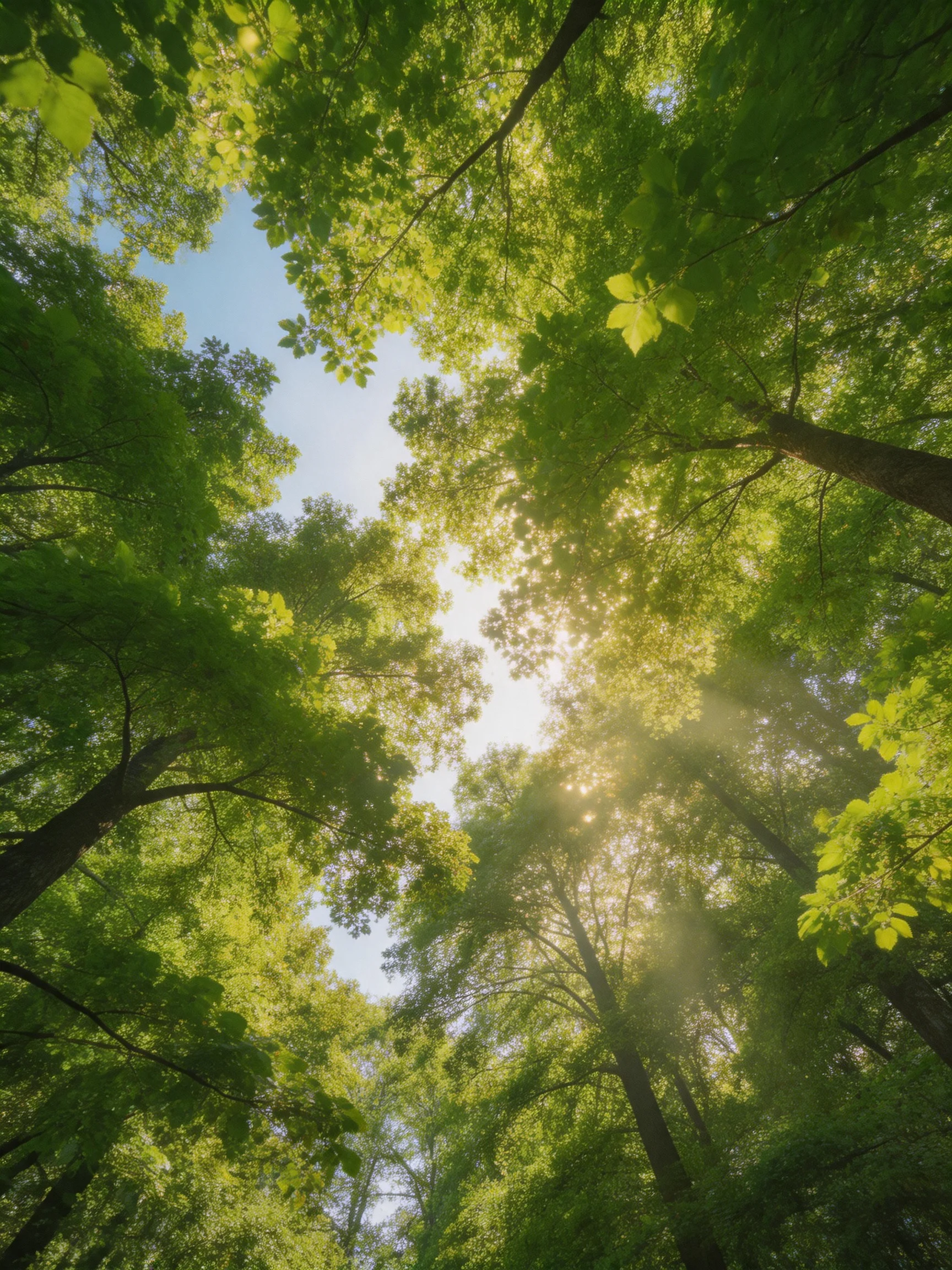 Sunlight Filters Through Lush Green Canopy of Tall Trees