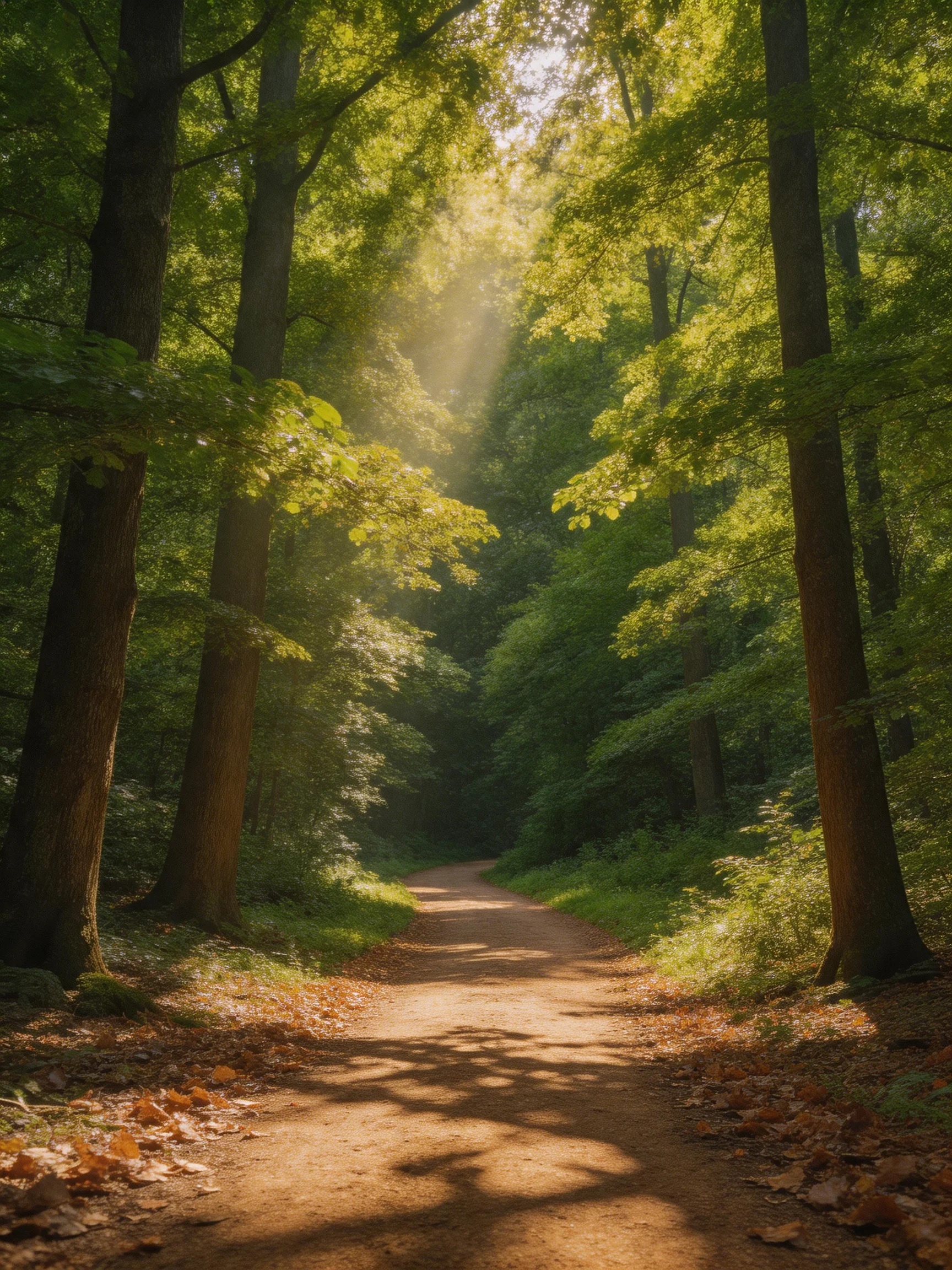 Sunlight Filters Through Lush Green Forest Along Dirt Path