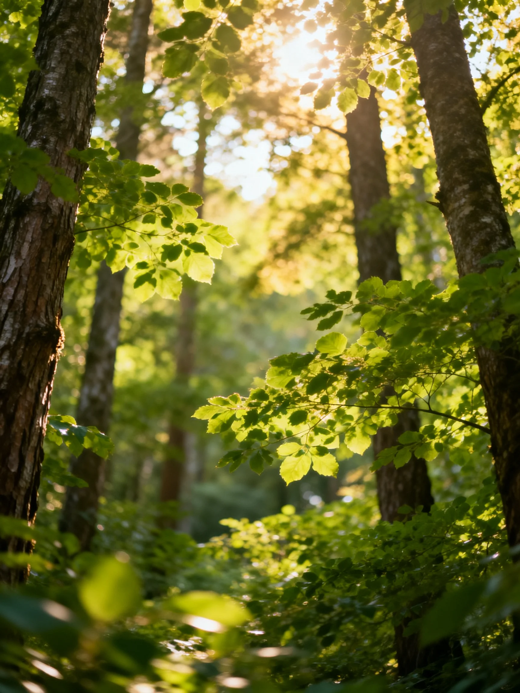 Sunlight Filters Through Lush Green Forest Canopy