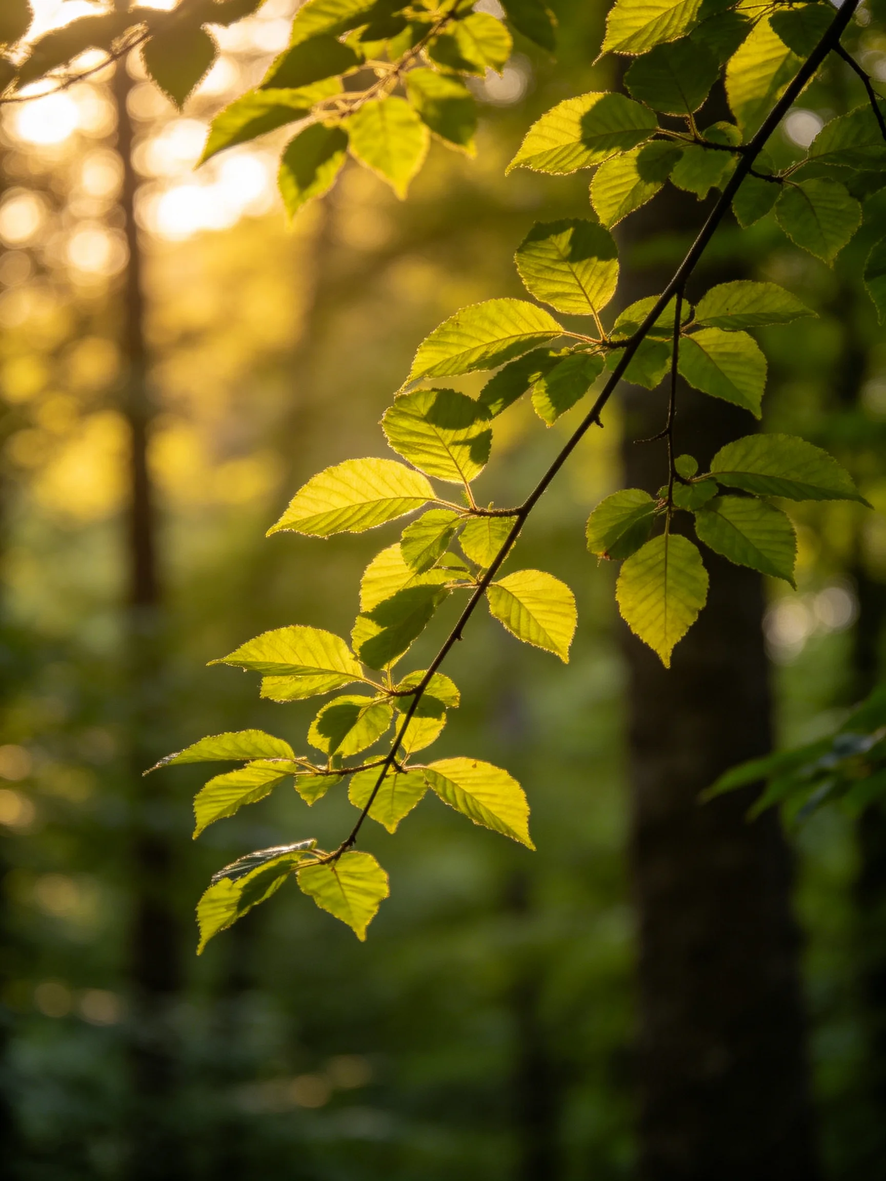 Sunlight Filters Through Lush Green Leaves in a Dappled Forest