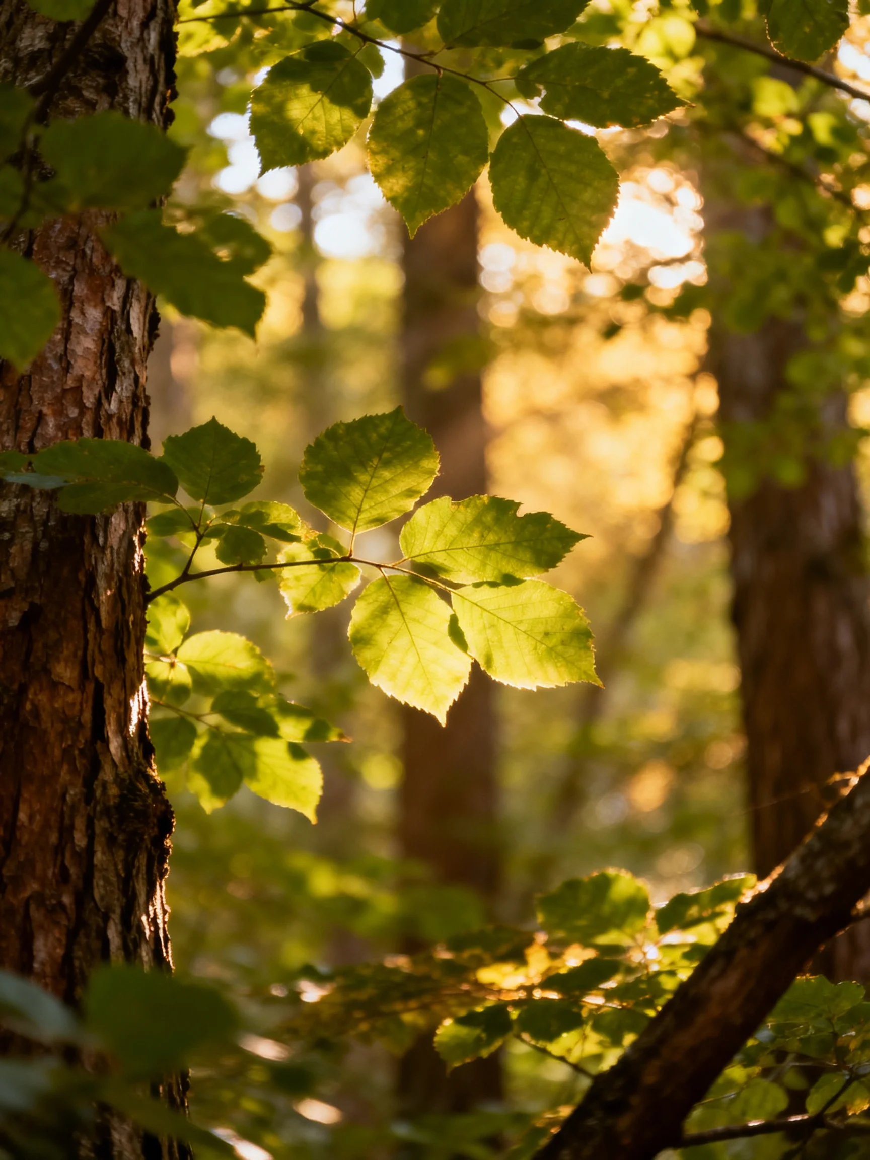 Sunlight Filters Through Lush Green Leaves in a Dense Forest