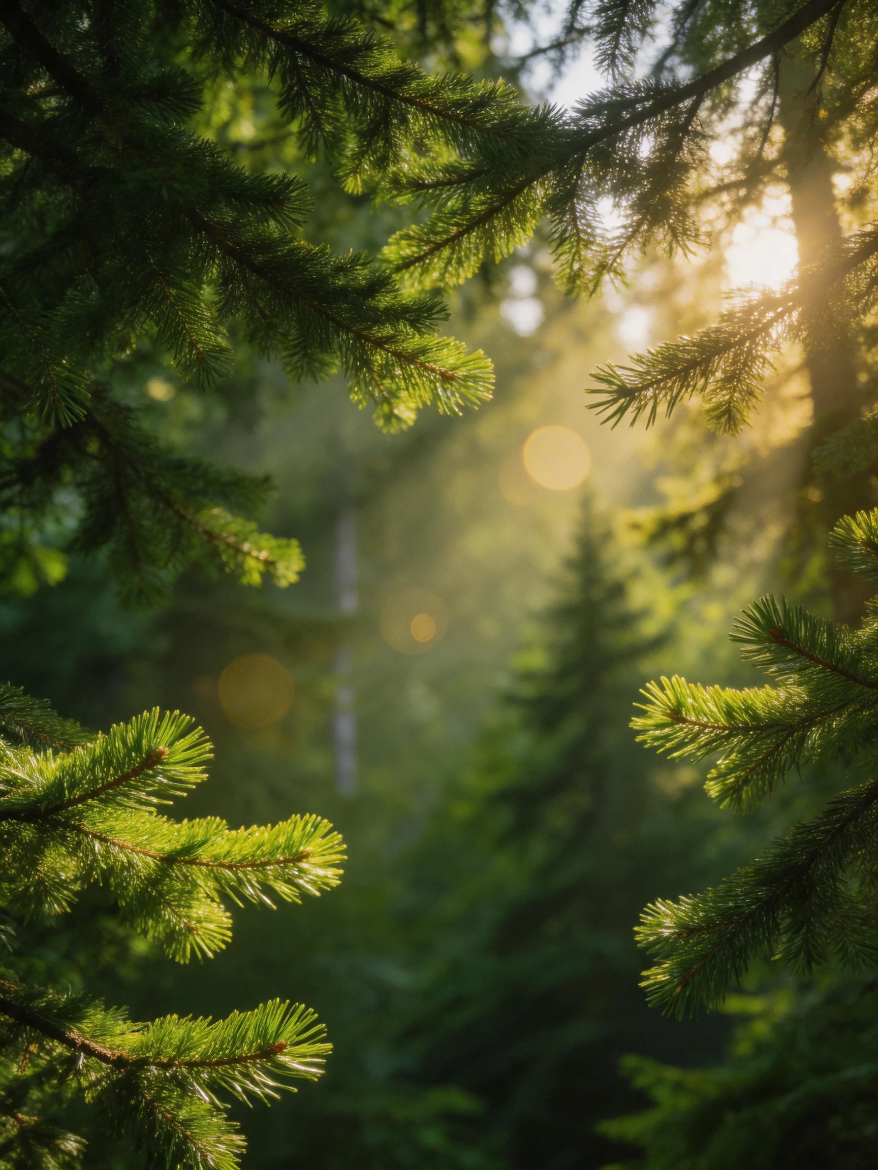 Sunlight Filters Through Lush Green Pine Branches in a Misty Forest