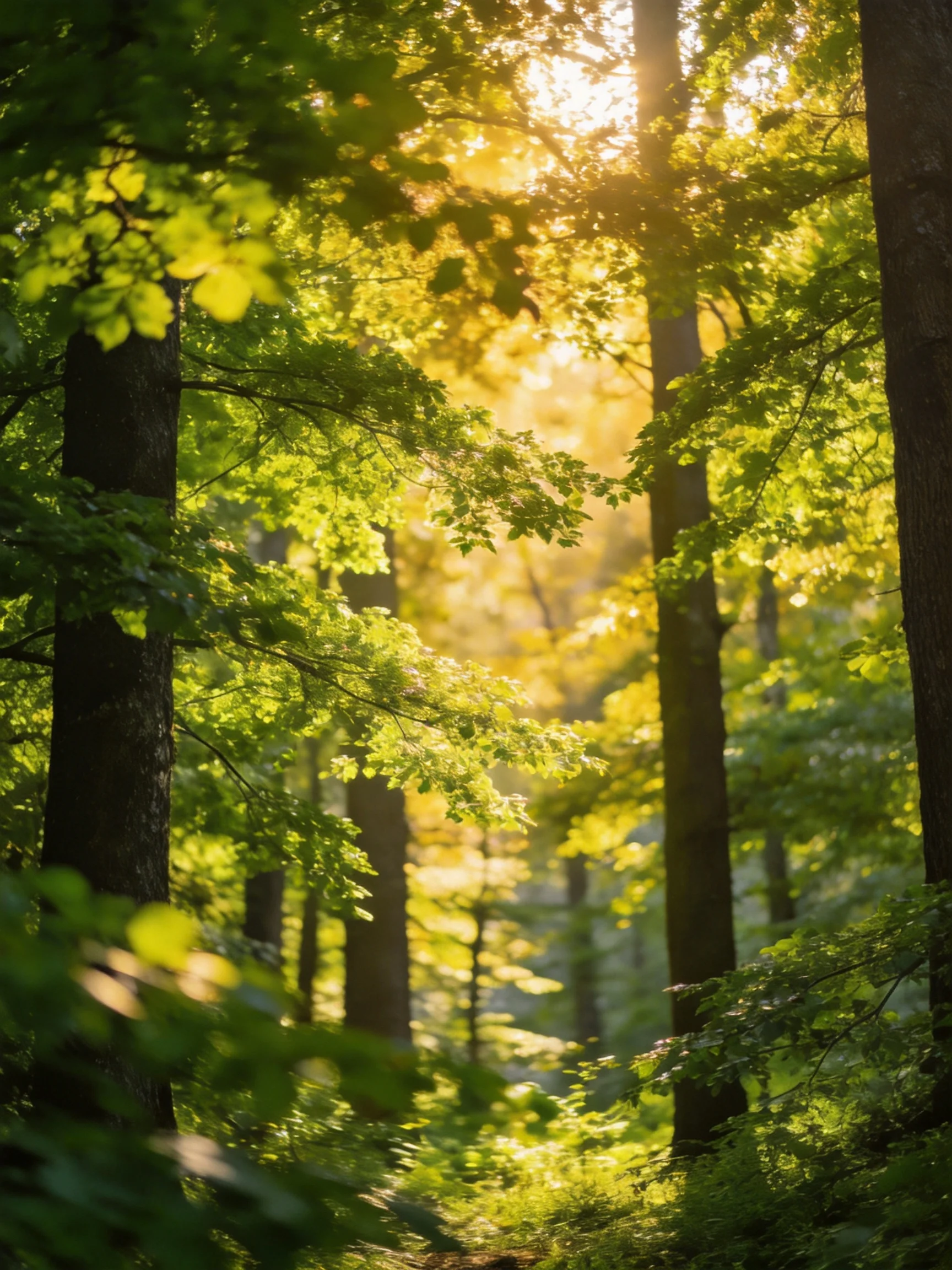 Sunlight Filters Through Lush Green Trees in a Dense Forest