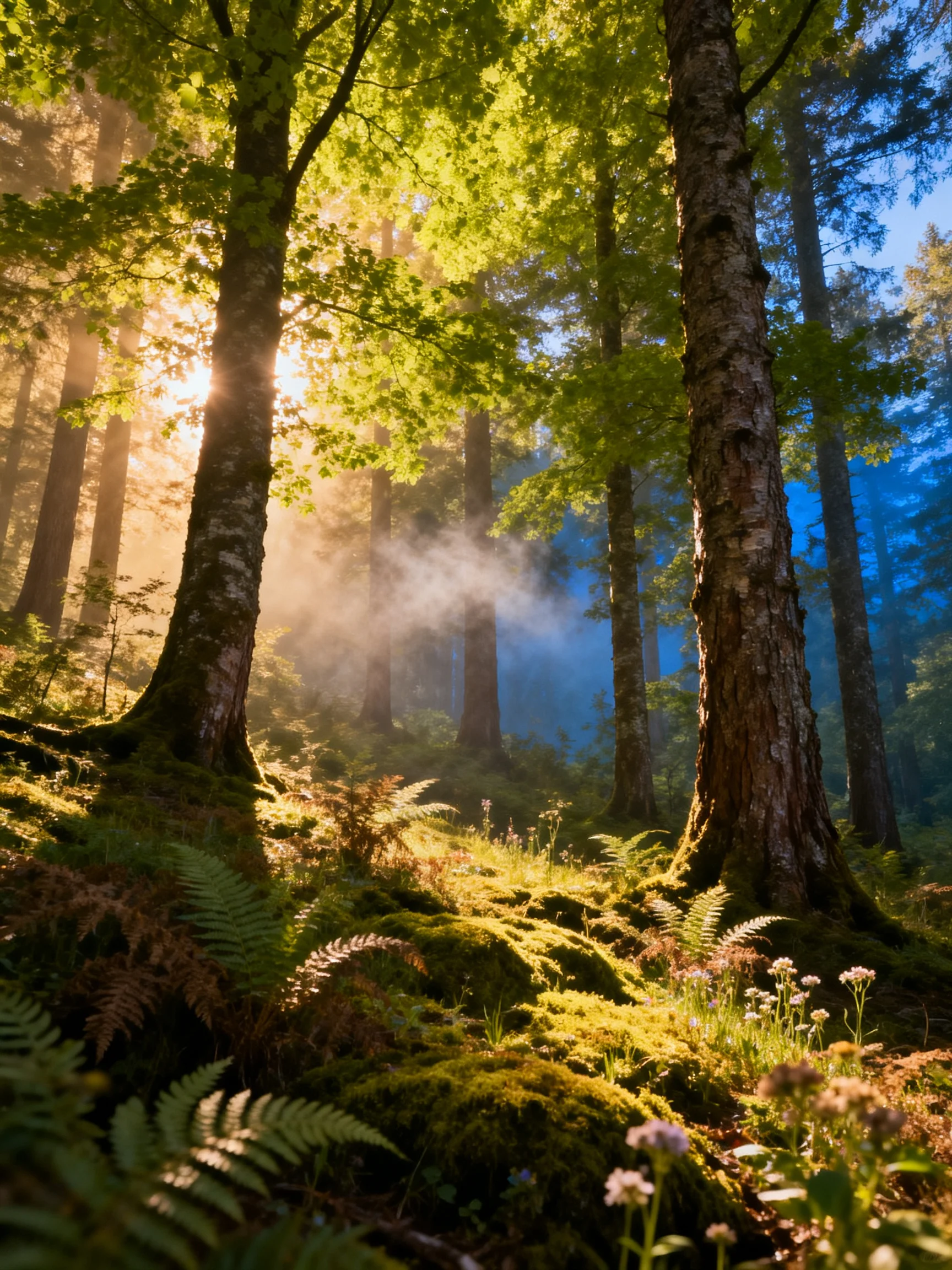 Sunlight Filters Through Misty Forest Trees With Mossy Ground