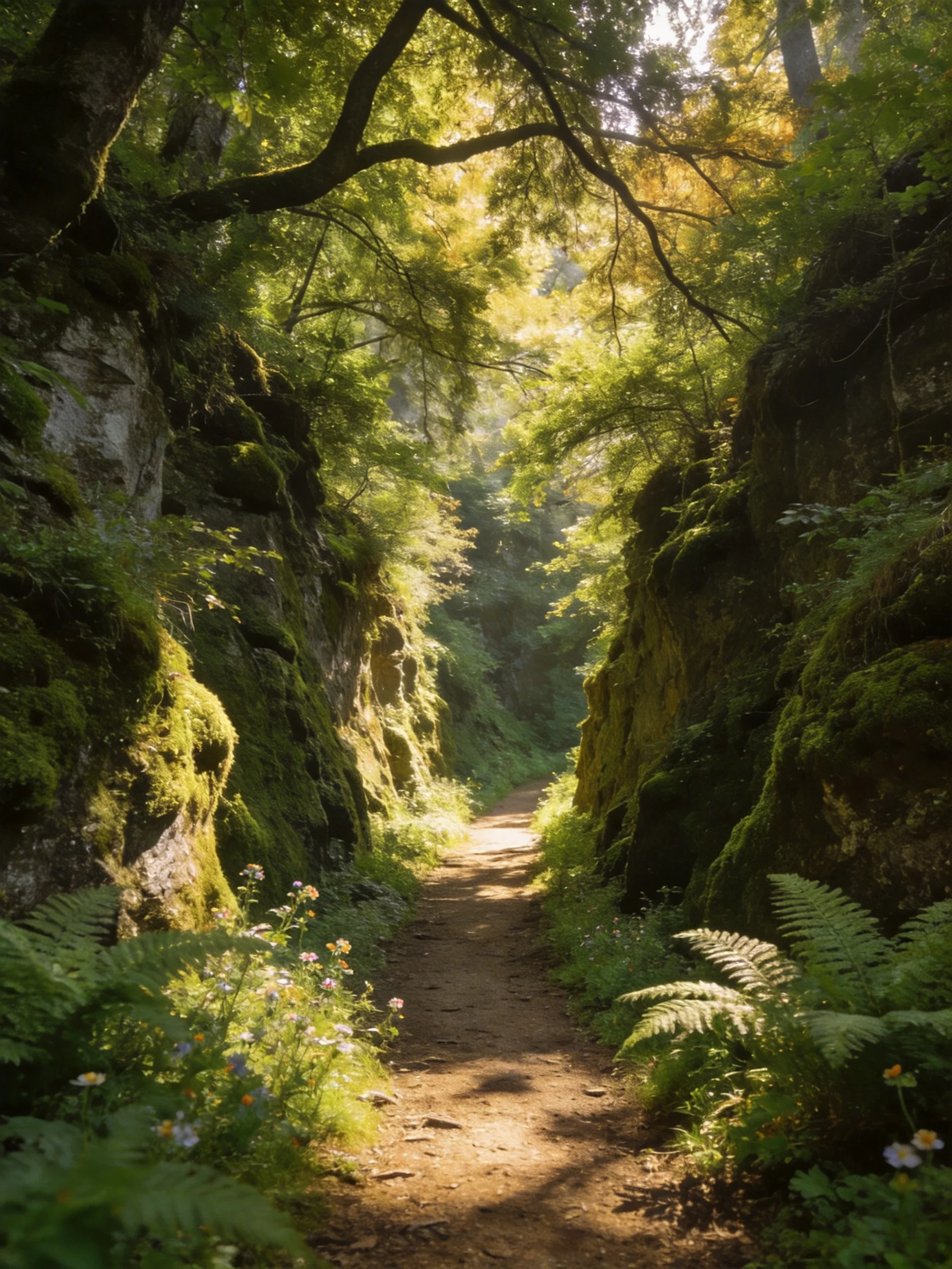 Sunlight Filters Through Moss-Covered Cliffs Along a Forest Trail