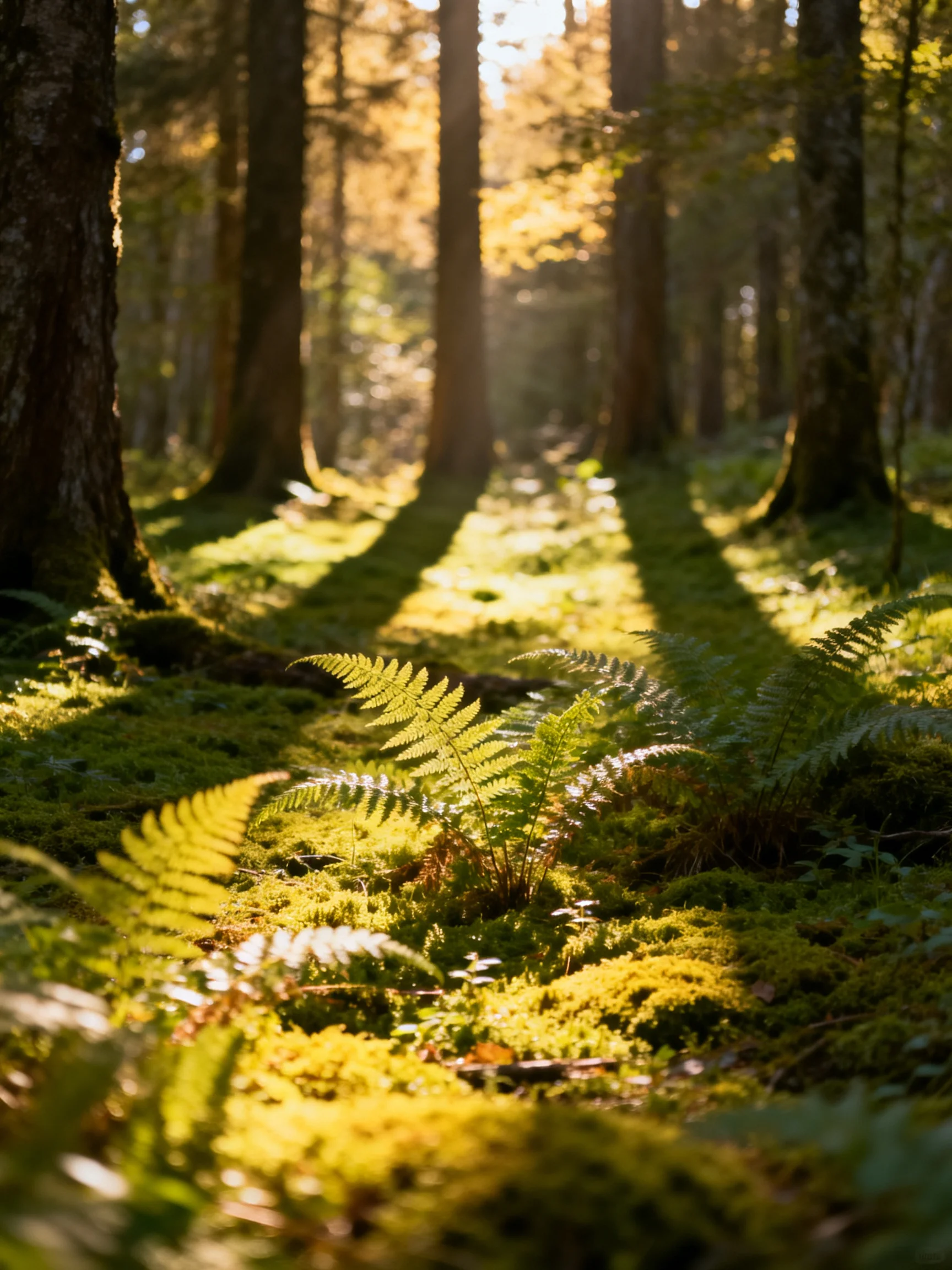 Sunlight Filters Through Moss-Covered Ferns and Tall Trees