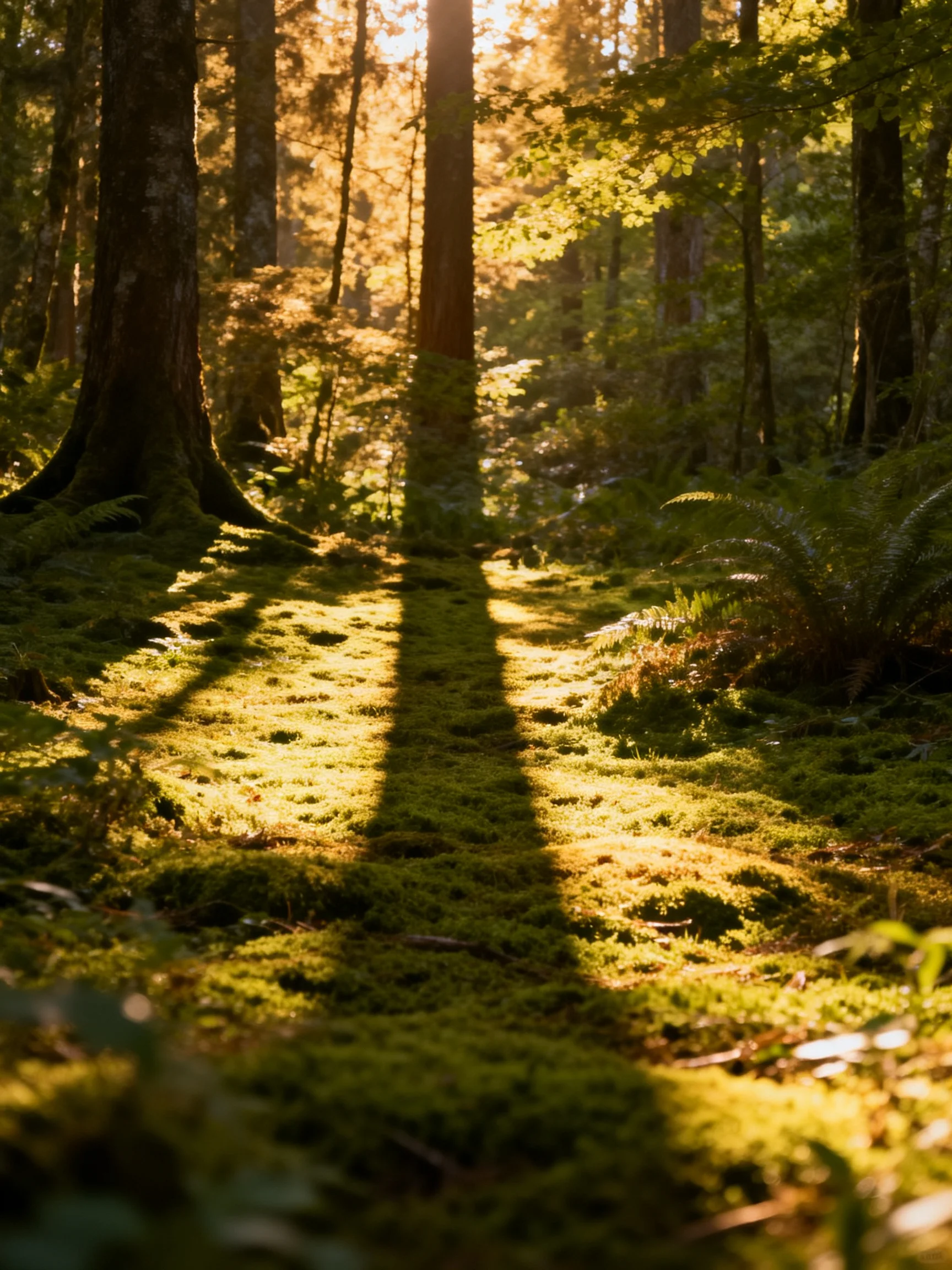 Sunlight Filters Through Moss-Covered Forest Floor Among Tall Trees