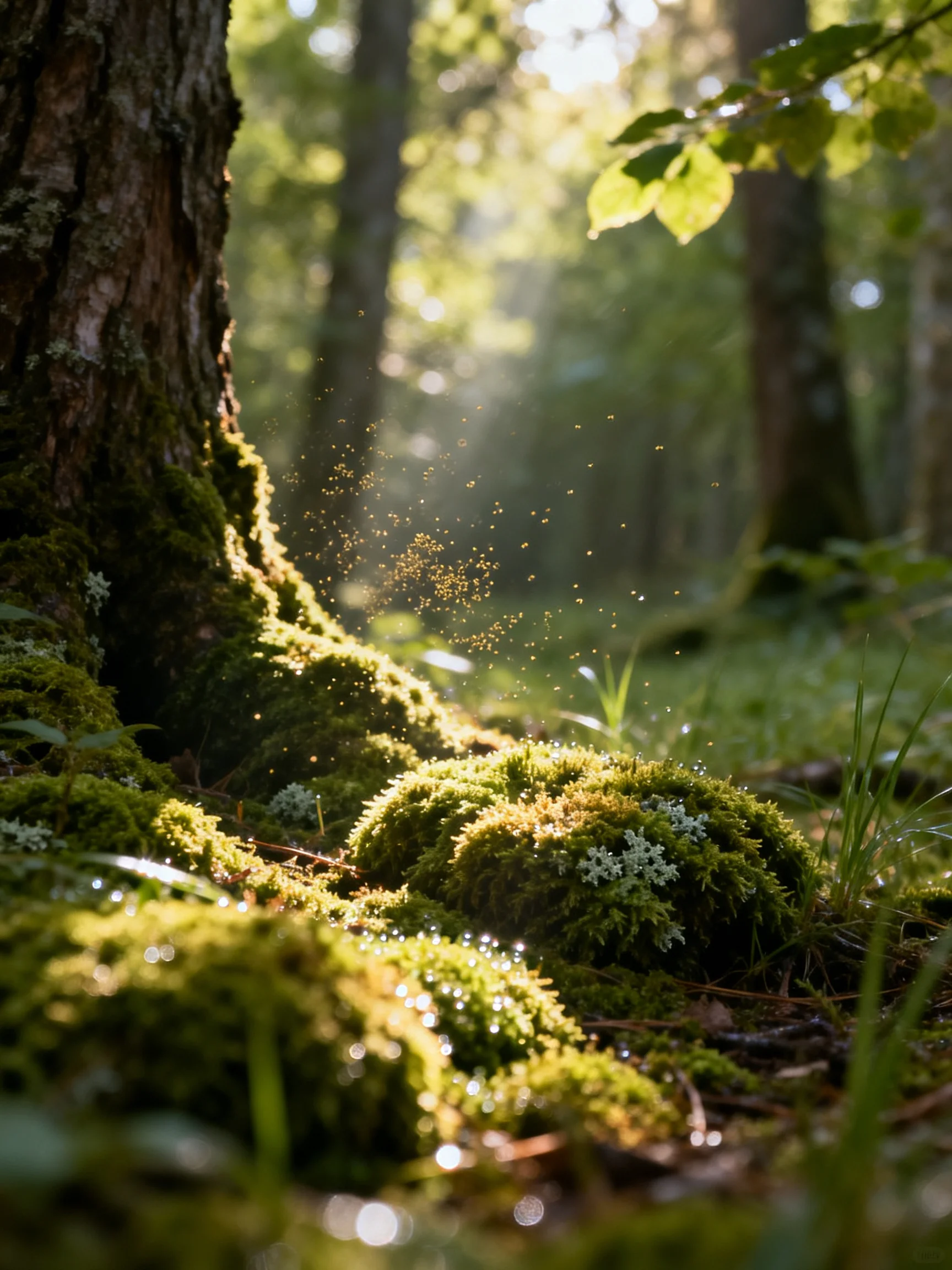 Sunlight Filters Through Moss-Covered Forest Floor Near Tree Trunk
