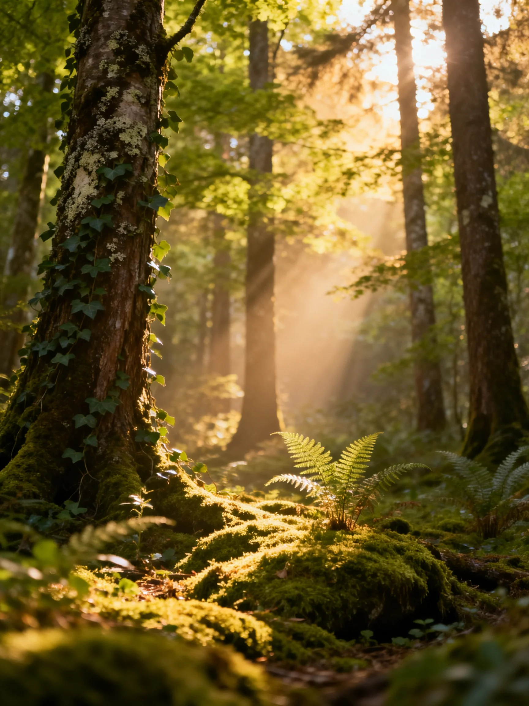 Sunlight Filters Through Moss-Covered Trees and Ferns
