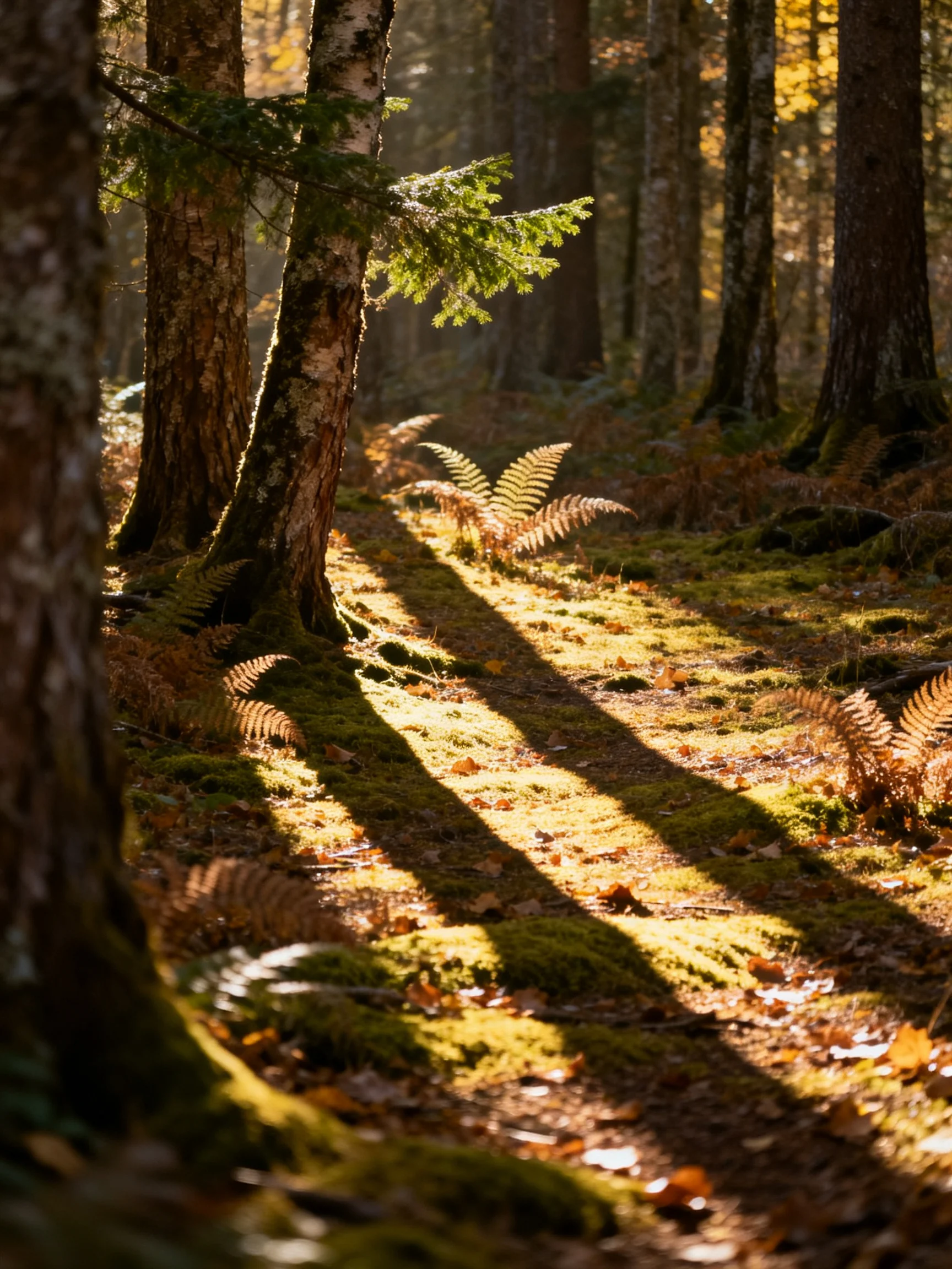 Sunlight Filters Through Moss-Covered Trees and Ferns in Autumn Forest