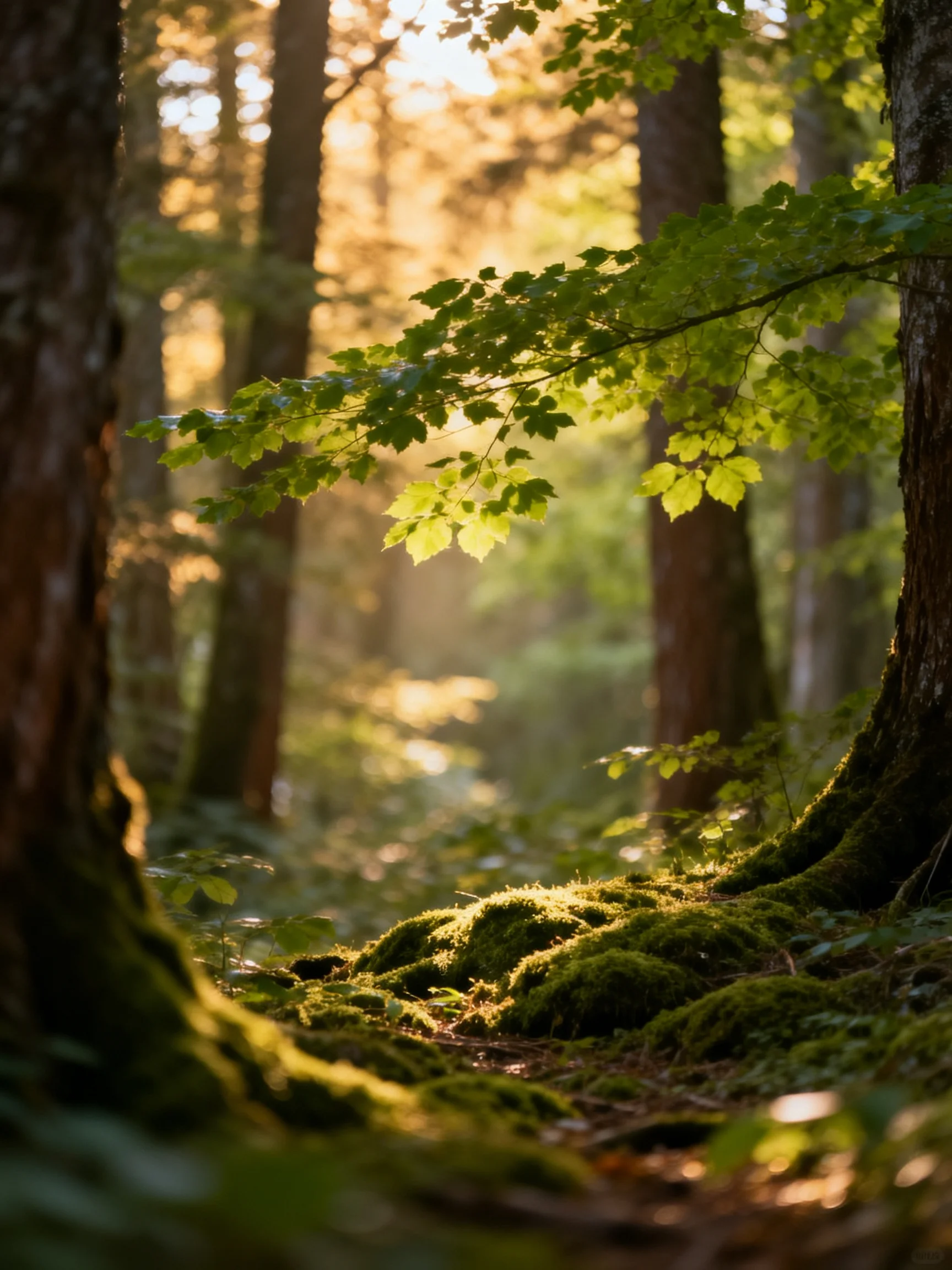 Sunlight Filters Through Moss-Covered Trees in a Dense Forest