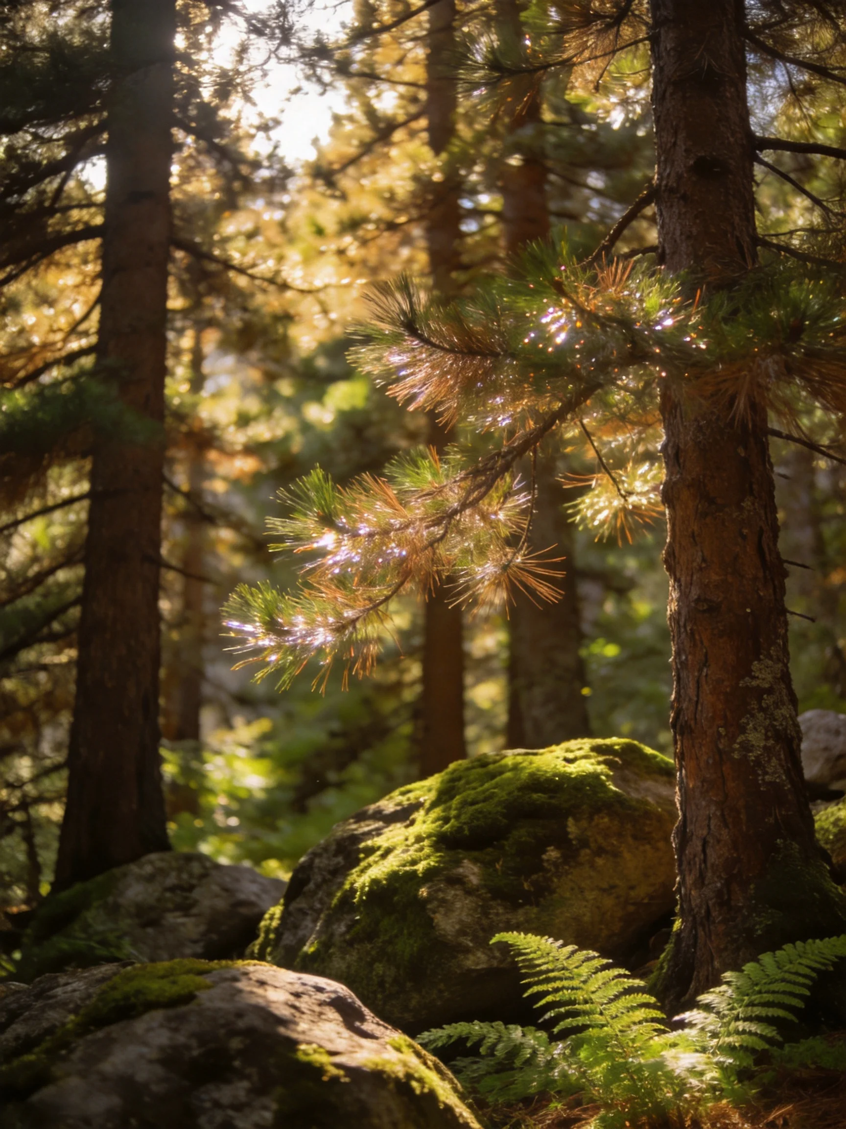 Sunlight Filters Through Pine Trees Near Moss-Covered Rocks