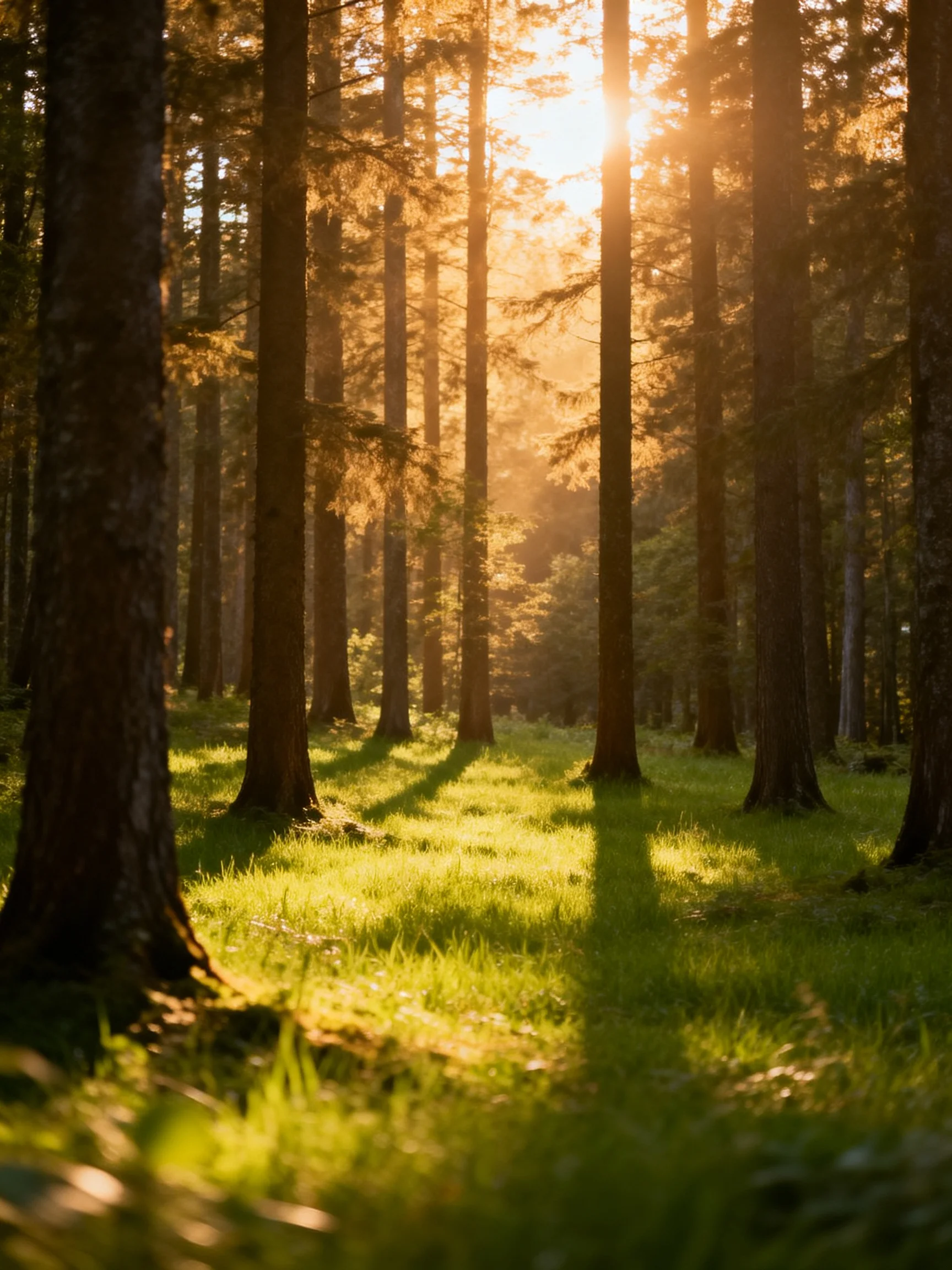 Sunlight Filters Through Tall Brown Trees Into Lush Green Forest