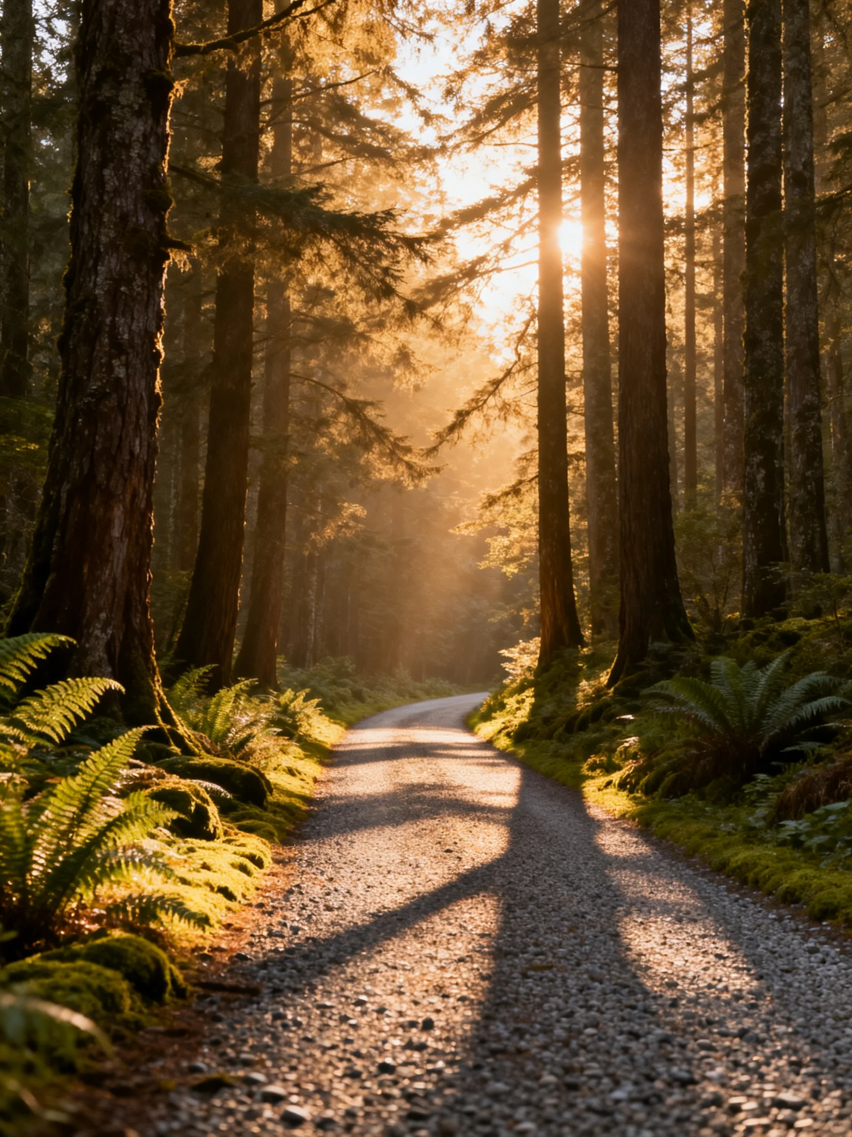 Sunlight Filters Through Tall Forest Trees Along a Gravel Path