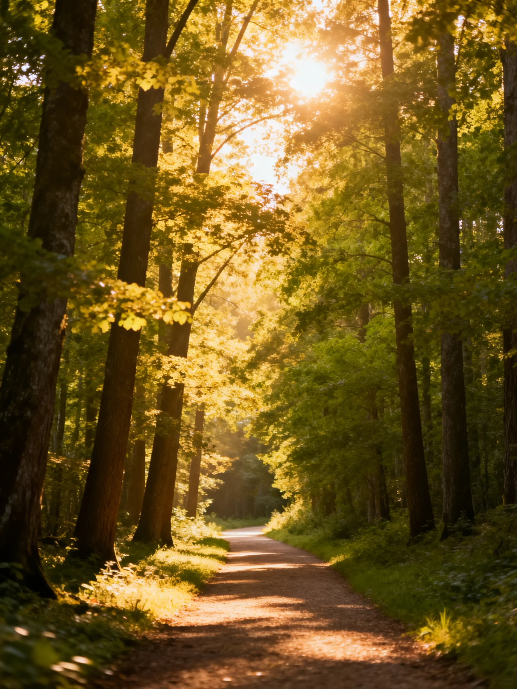 Sunlight Filters Through Tall Green Trees Along a Dirt Path
