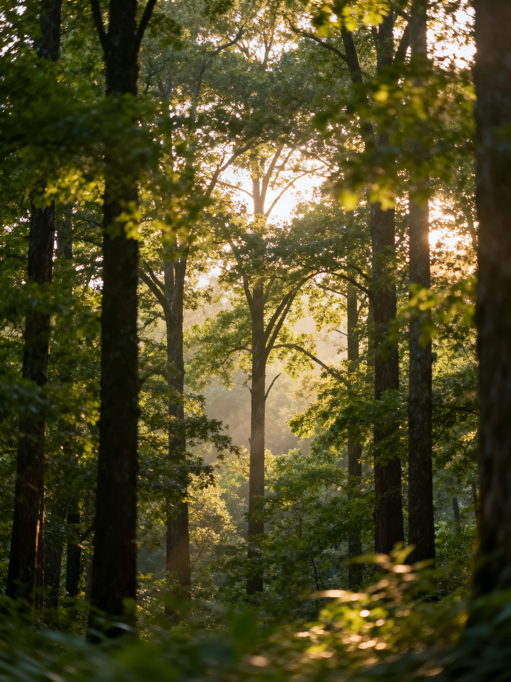Sunlight Filters Through Tall Green Trees in a Dense Forest
