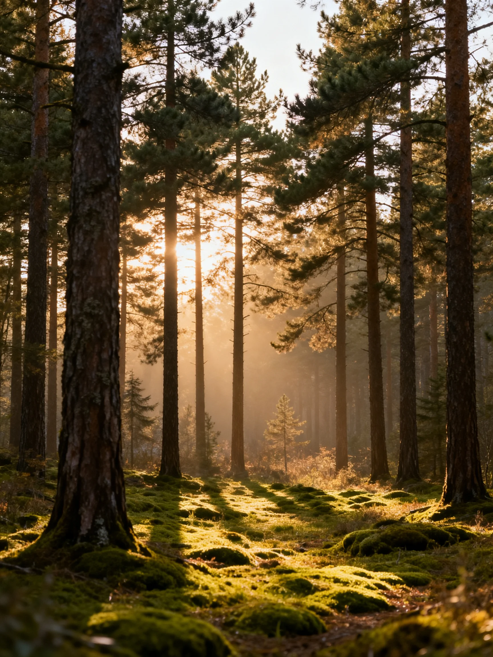 Sunlight Filters Through Tall Pine Trees in a Moss-Covered Forest