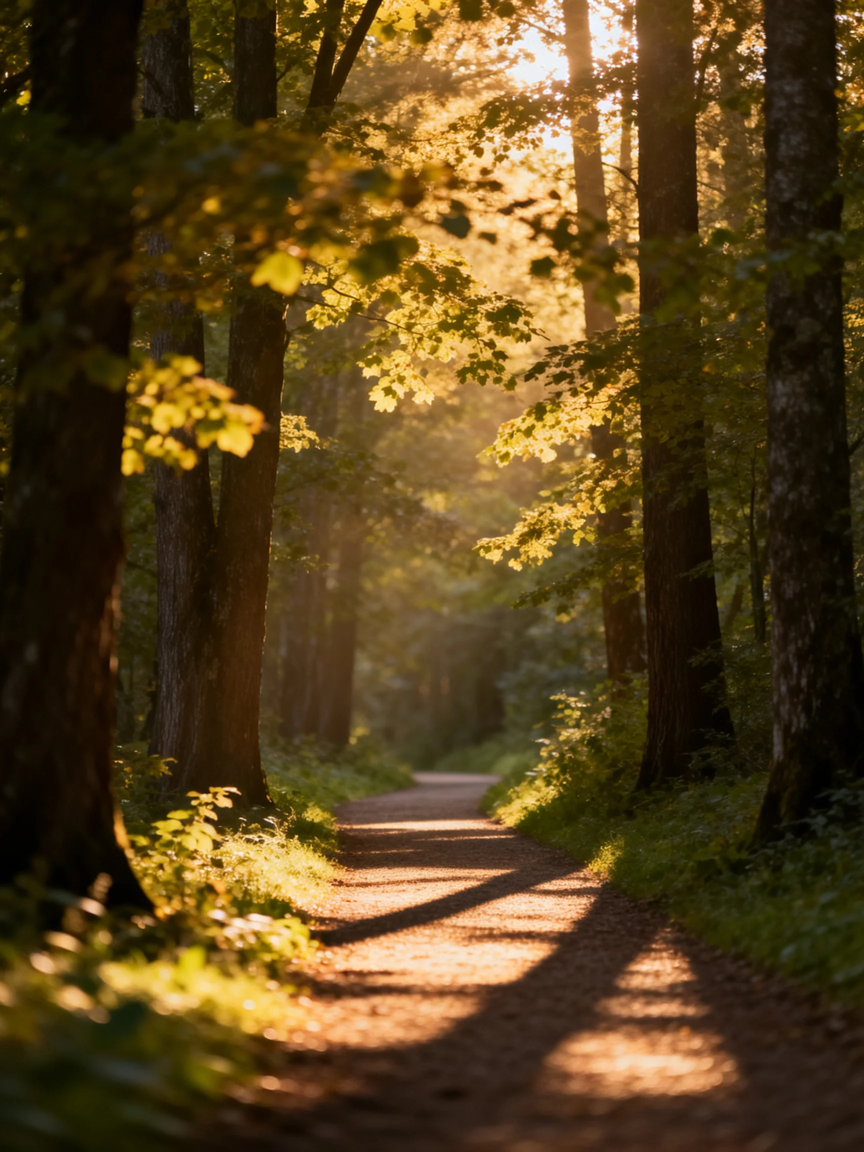 Sunlight Filters Through Tall Trees Along a Forest Path